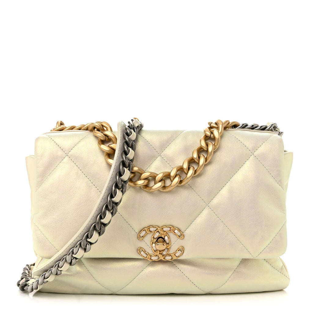 Chanel Iridescent Calfskin Quilted Large Chanel 19 Flap White