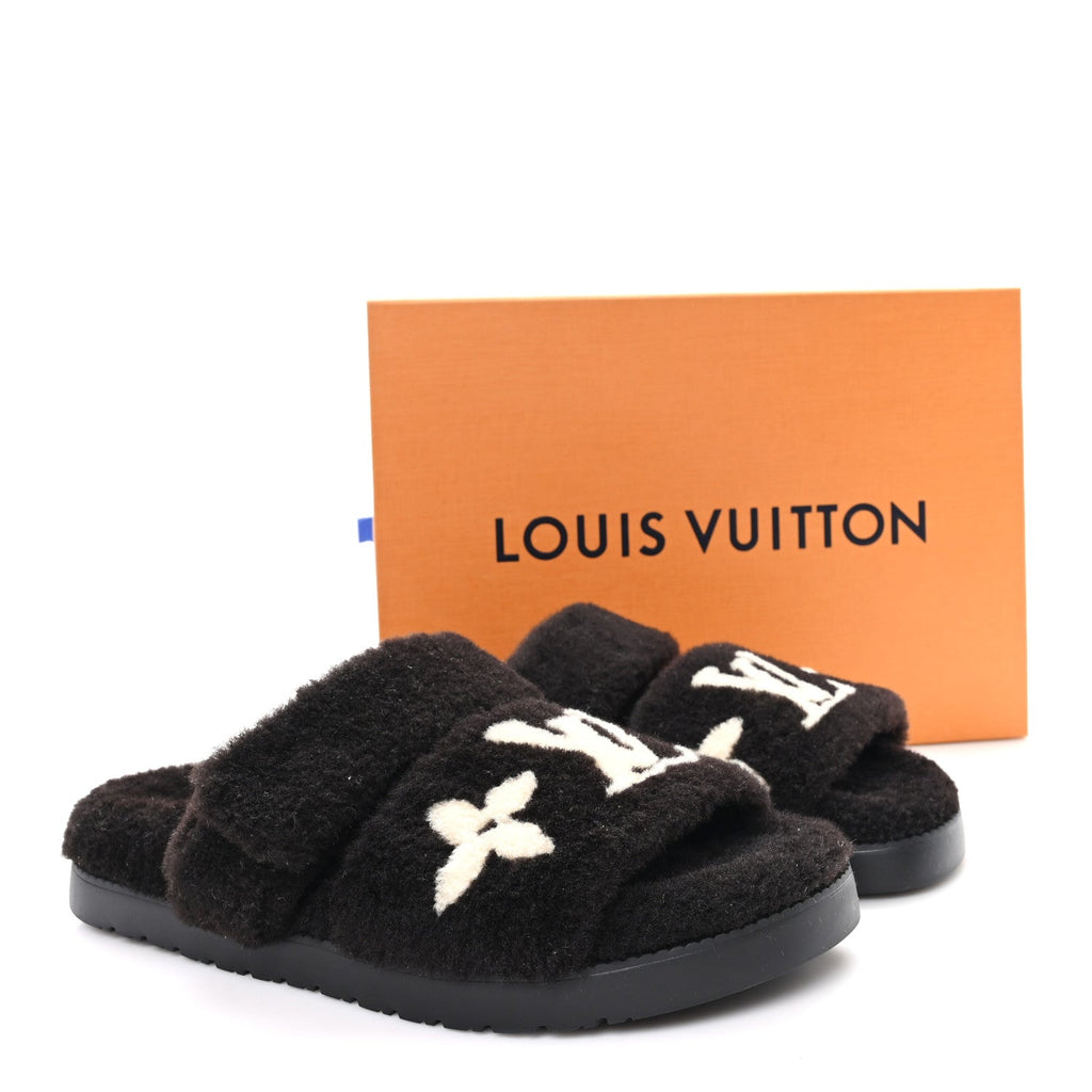 Louis Vuitton Shearling Monogram Giant LV Sunset Flat Comfort Mule 38 Brown