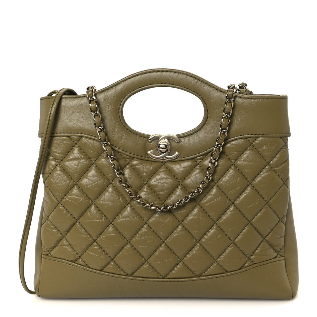 Chanel Shiny Crumpled Calfskin Quilted Mini 31 Shopping Bag Khaki