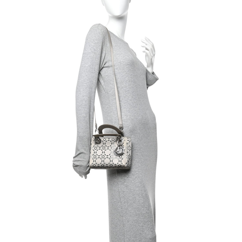 Christian Dior Satin Crystal Cannage Mini Lady Dior Gray
