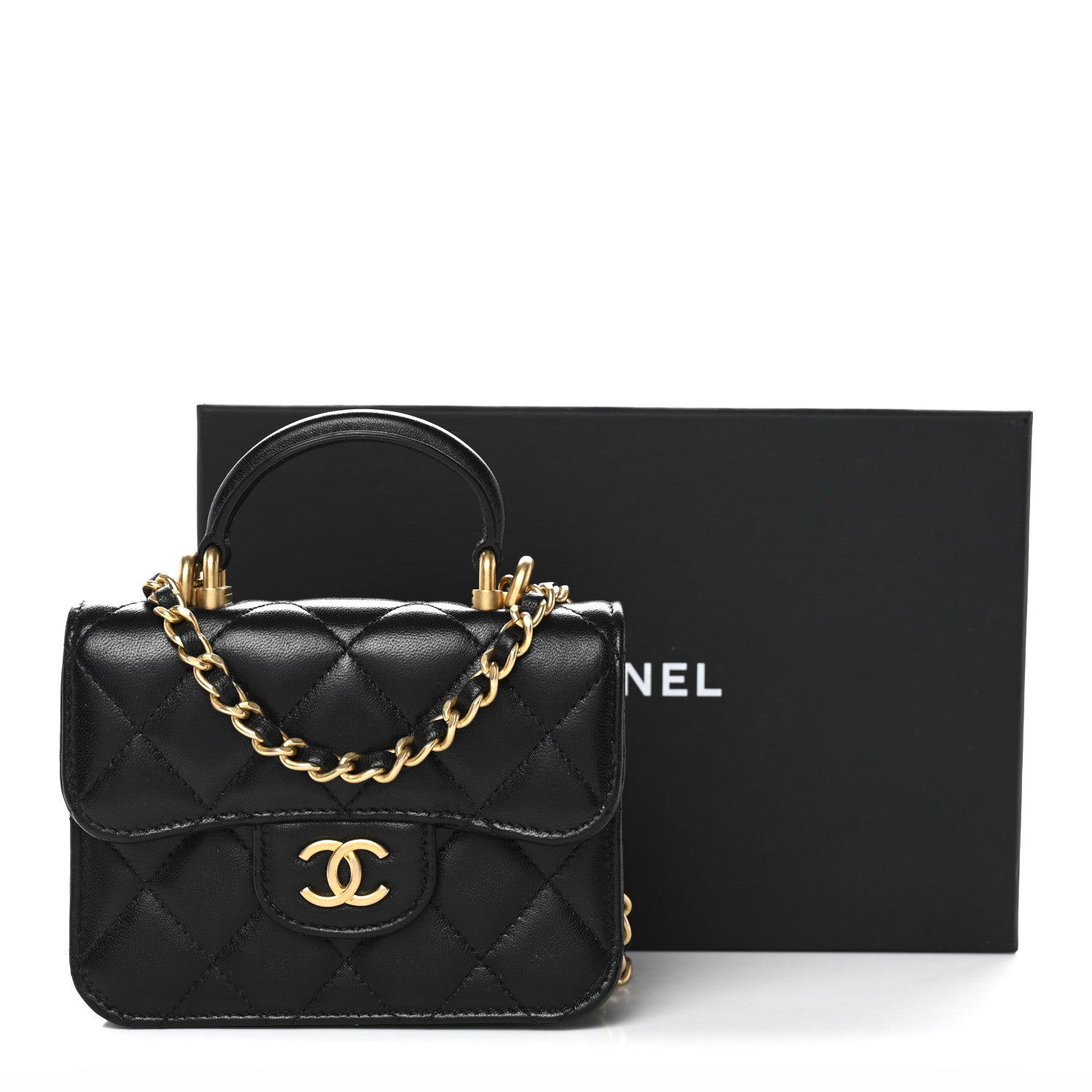 Chanel Lambskin Quilted Top Handle Flap Coin Purse With Chain Black