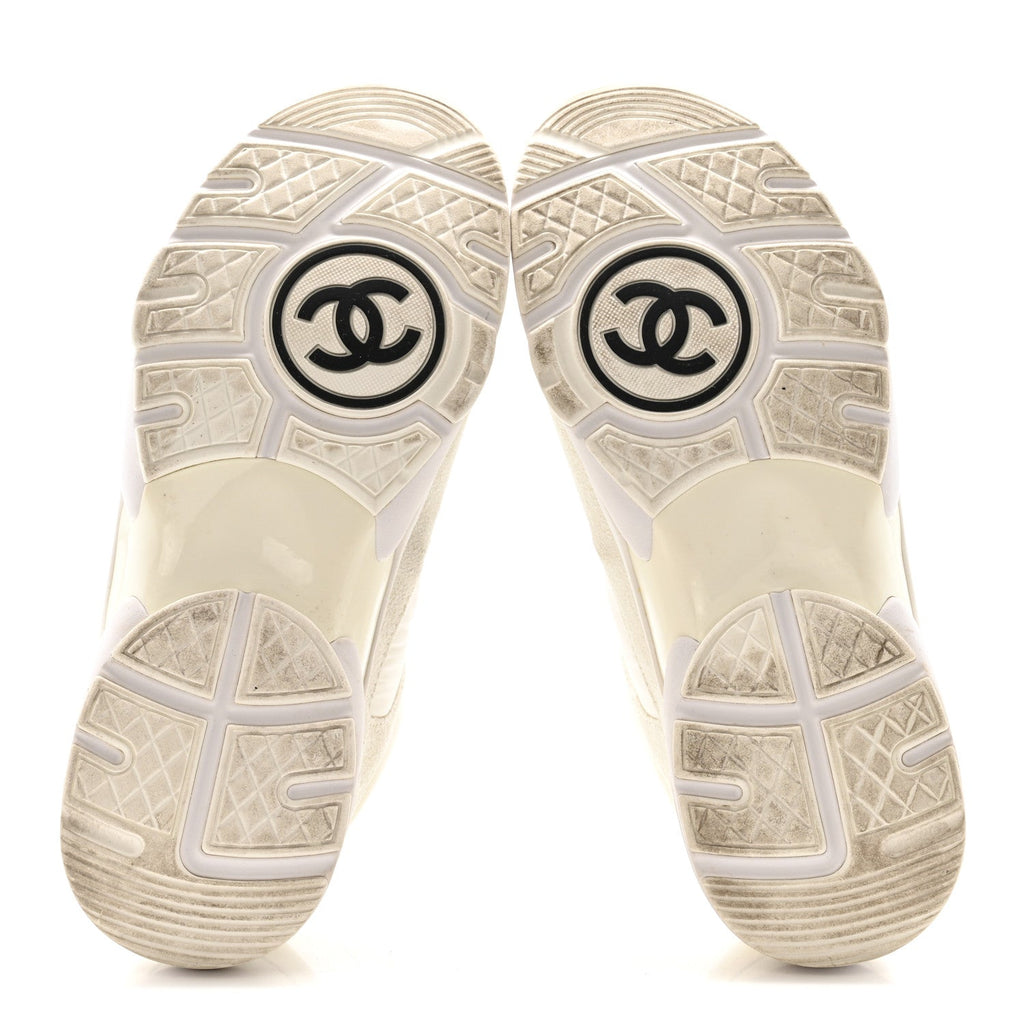 Chanel Suede Calfskin Fabric CC Sneakers 39.5 White