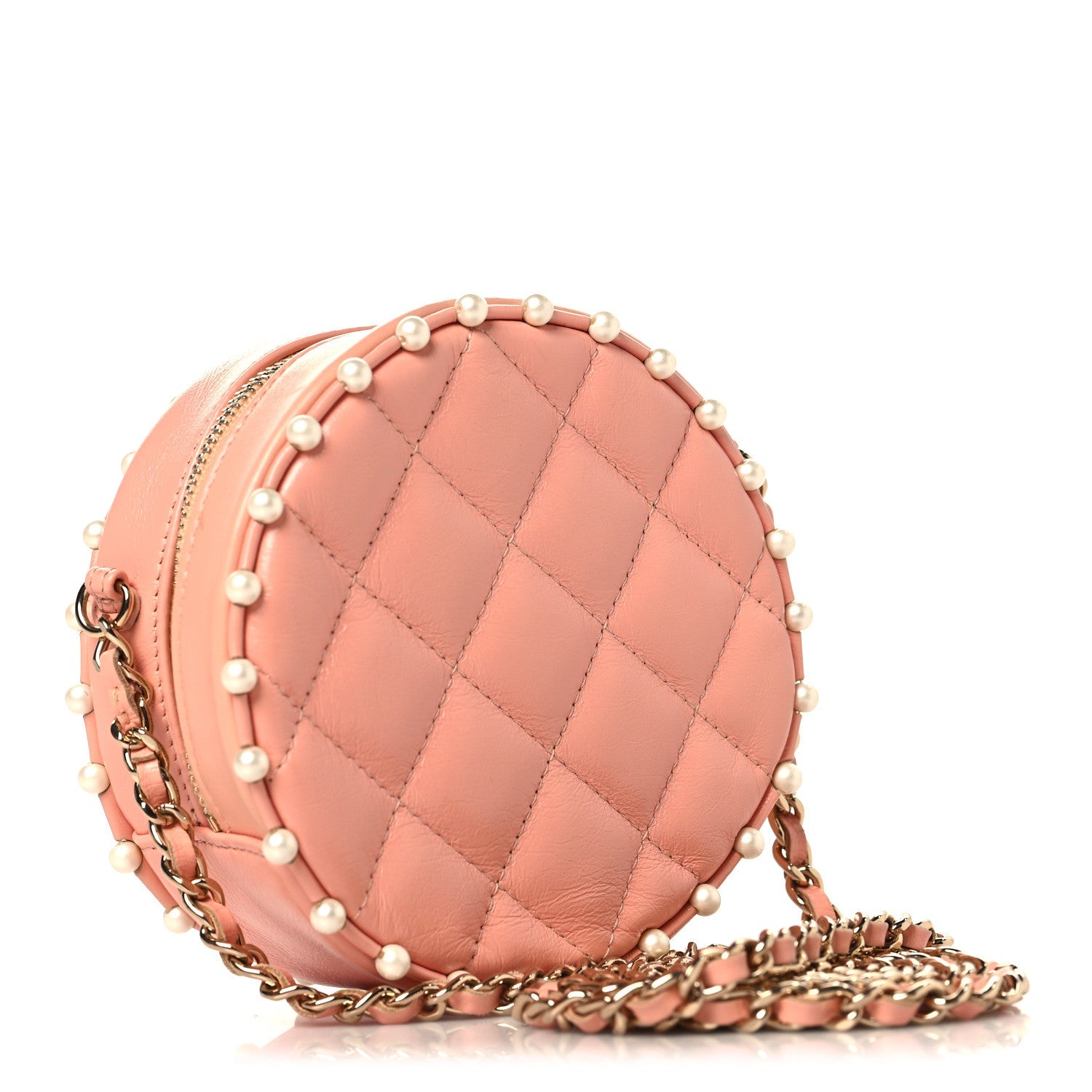 Chanel Calfskin Quilted Pearl Round Clutch With Chain Pink