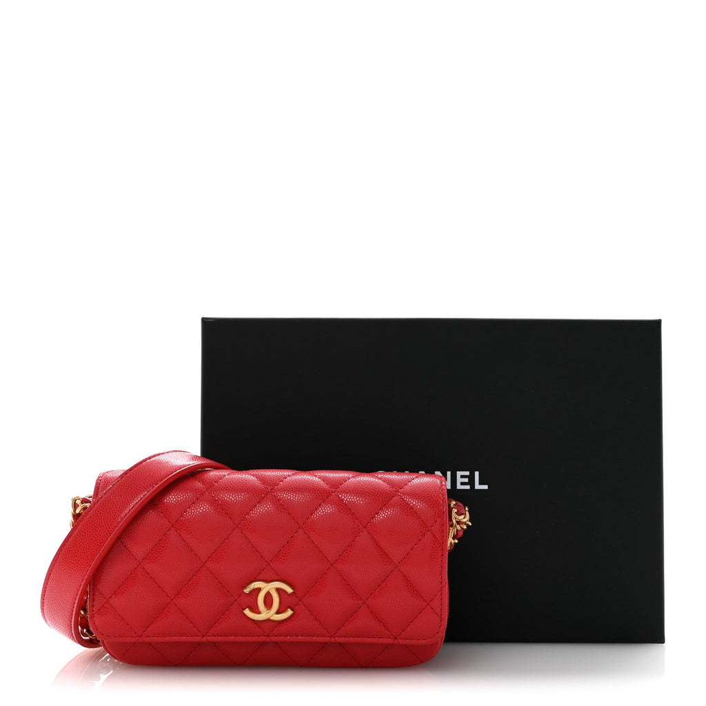 Chanel Caviar Quilted Yours Buttons Phone Holder With Chain Red
