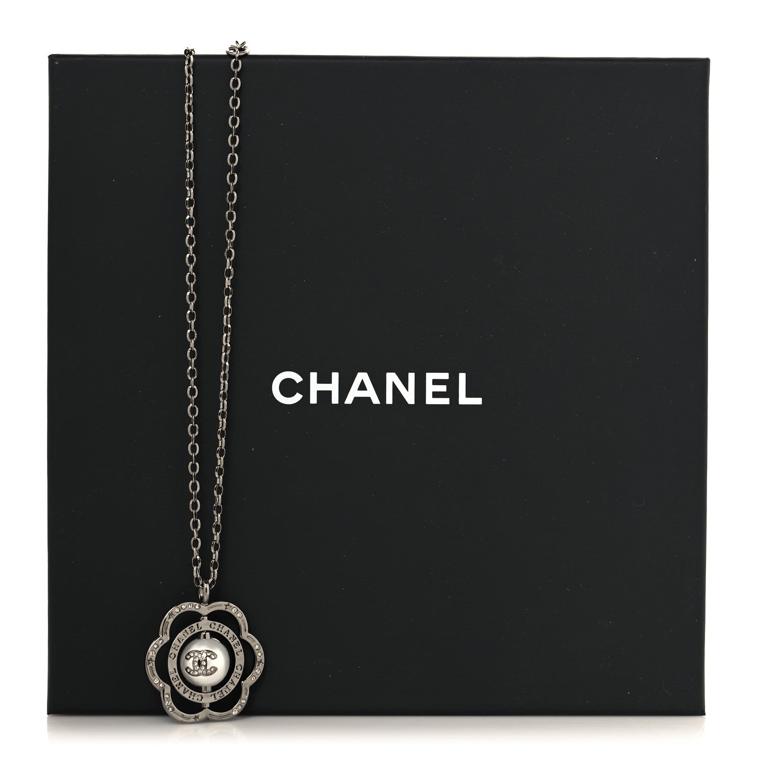 Metal Crystal Pearl CC Camellia Pendant Necklace Silver