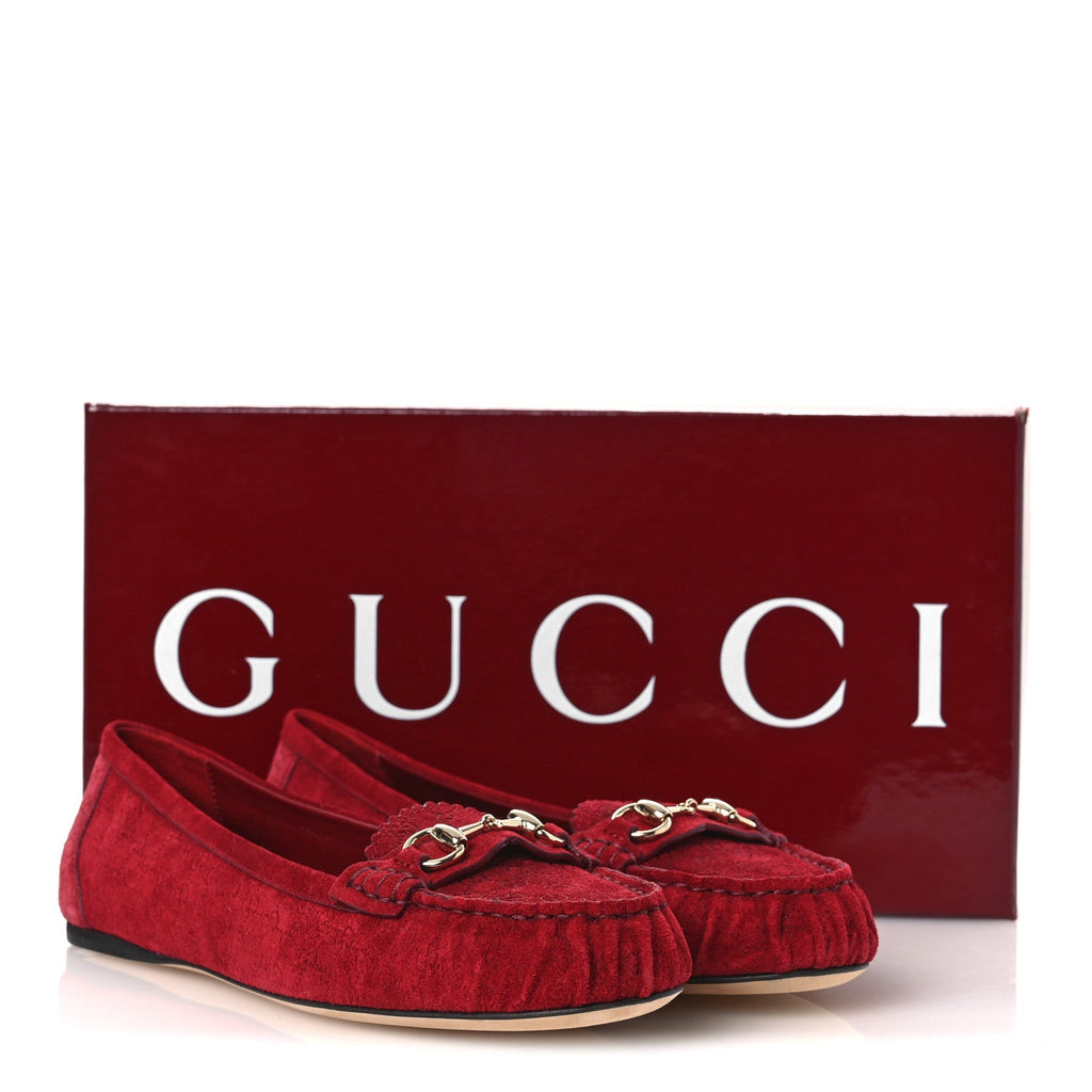 Gucci Suede Micro GG Horsebit Womens Kensington Moccasin Loafers 37  Rosso Ancora