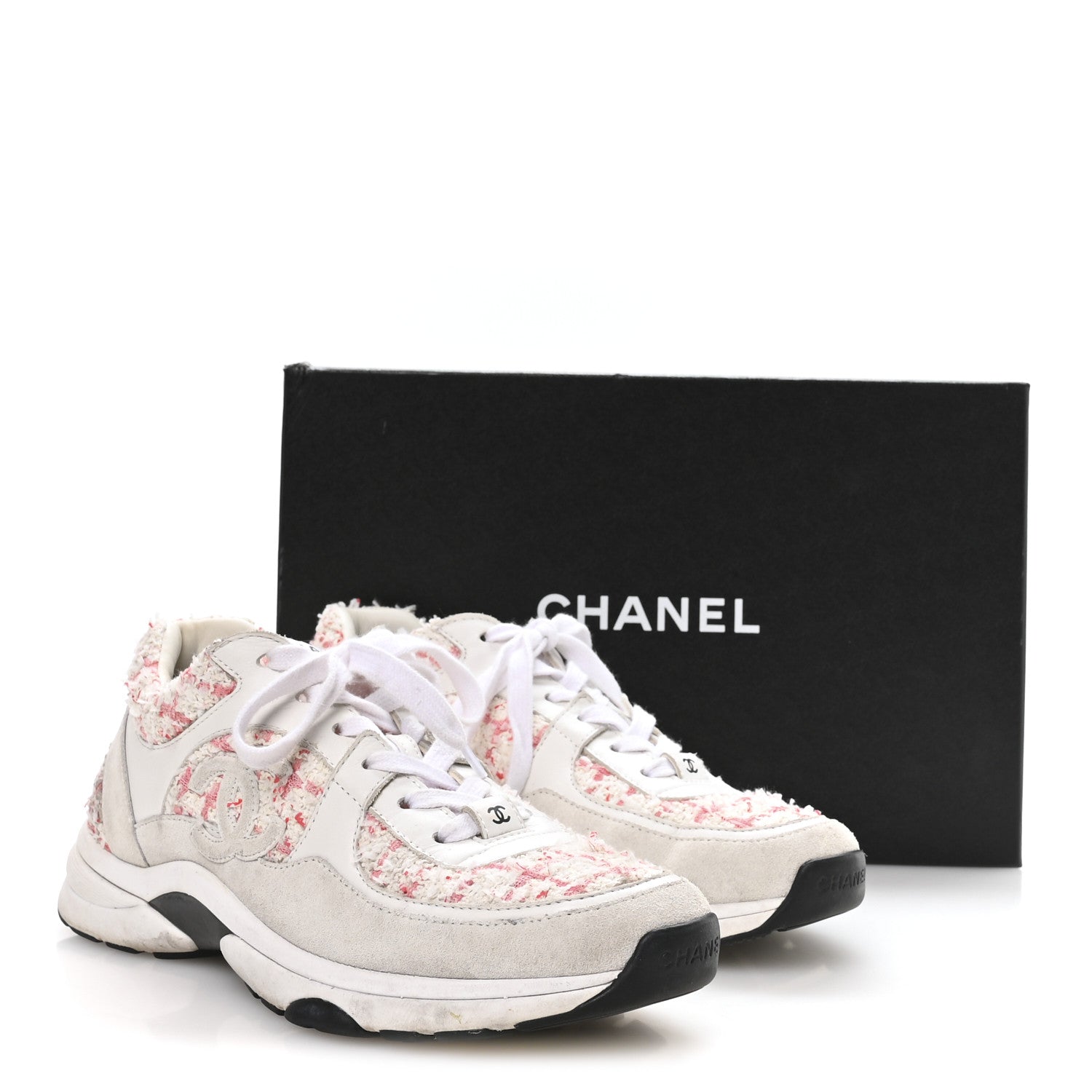 Chanel Tweed Suede Calfskin Womens CC Sneakers 39.5 Ecru Pink Red White