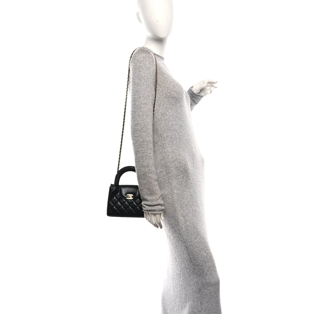 Chanel Shiny Aged Calfskin Quilted Nano Kelly Shopper Black