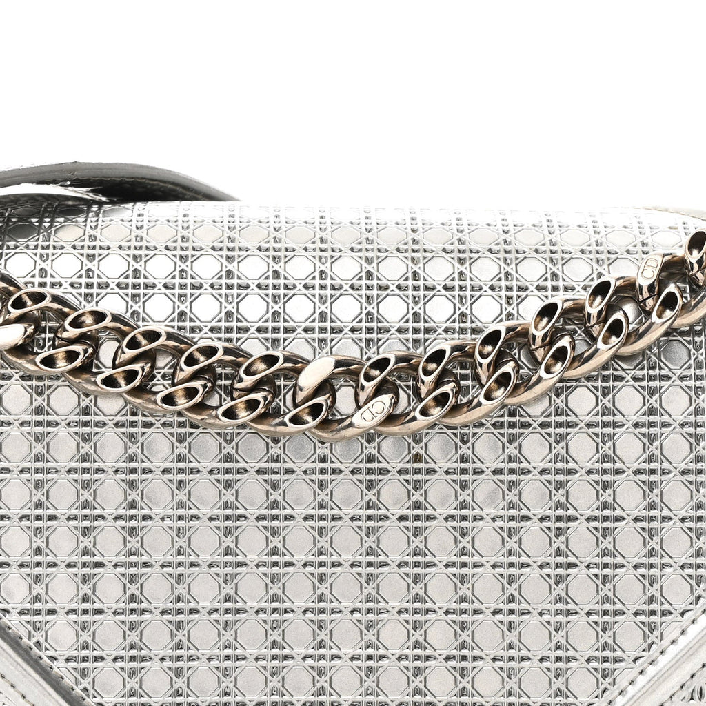 Christian Dior Metallic Patent Micro-Cannage Medium Diorama Flap Bag Silver