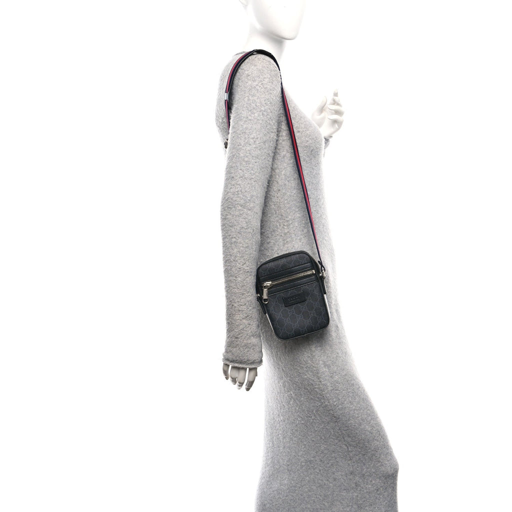Gucci GG Supreme Monogram Appia Calfskin Web Small Camera Messenger Bag Black Grey