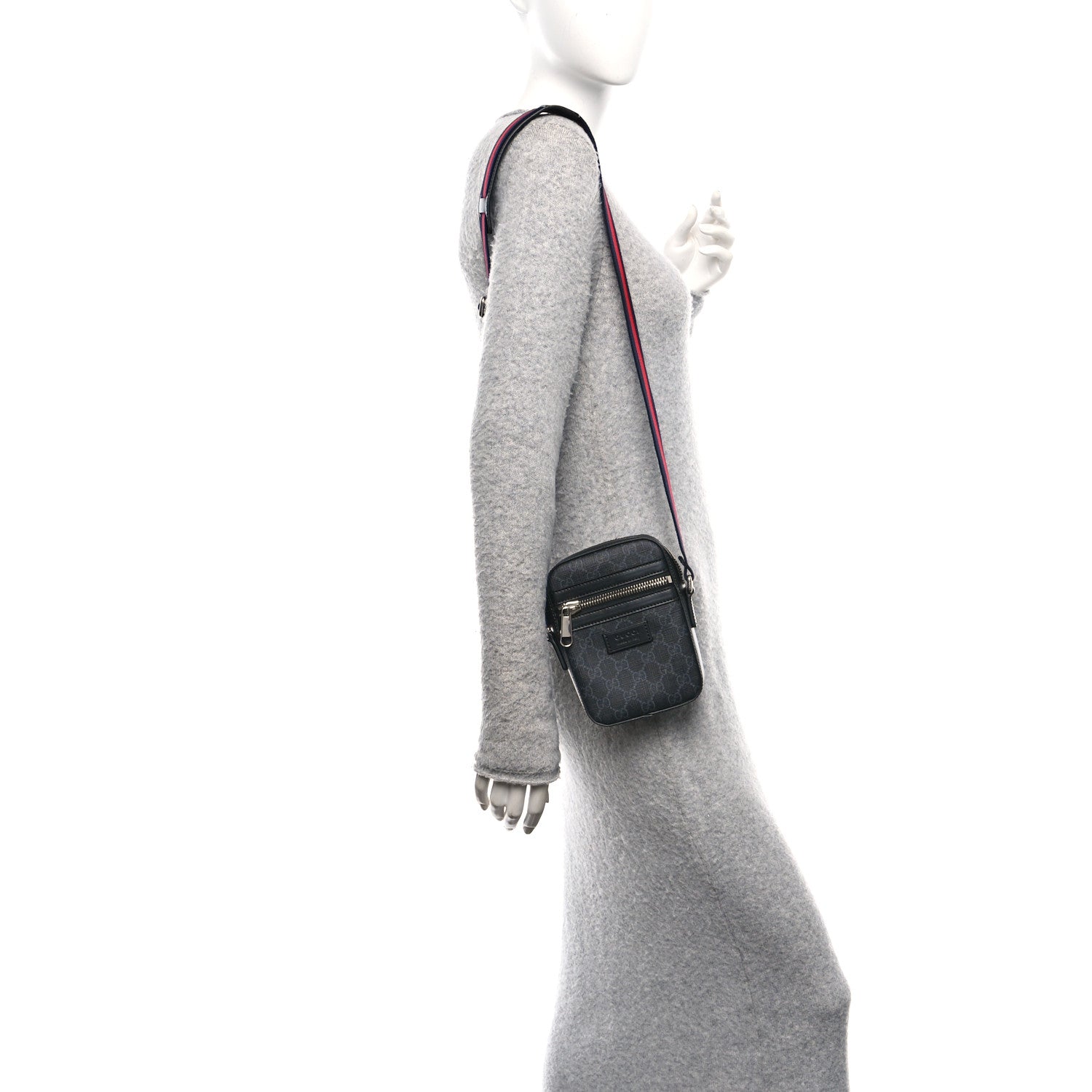 Gucci GG Supreme Monogram Appia Calfskin Web Small Camera Messenger Bag Black Grey