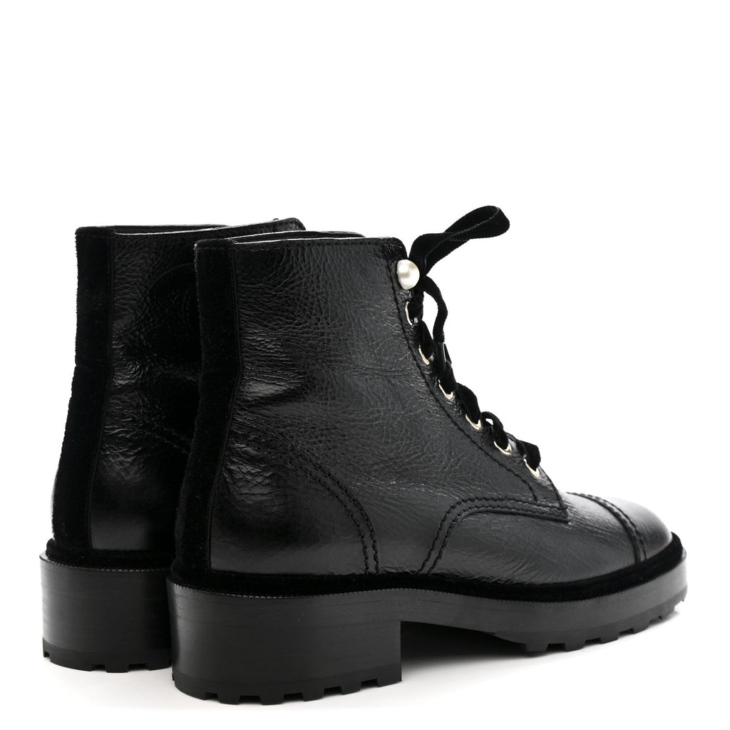 Chanel Shiny Calfskin Velvet Pearl Combat Short Boots 38 Black