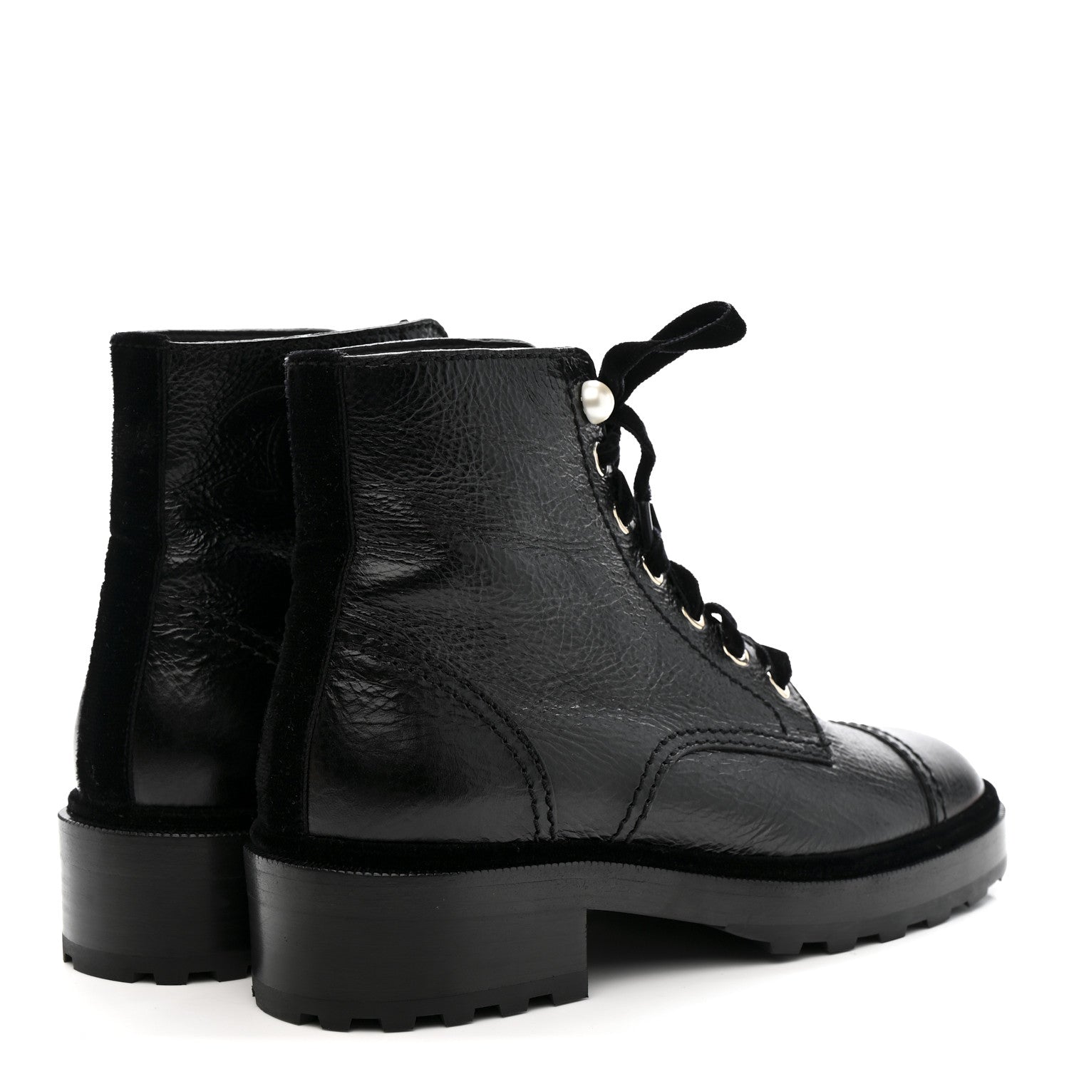 Chanel Shiny Calfskin Velvet Pearl Combat Short Boots 38 Black