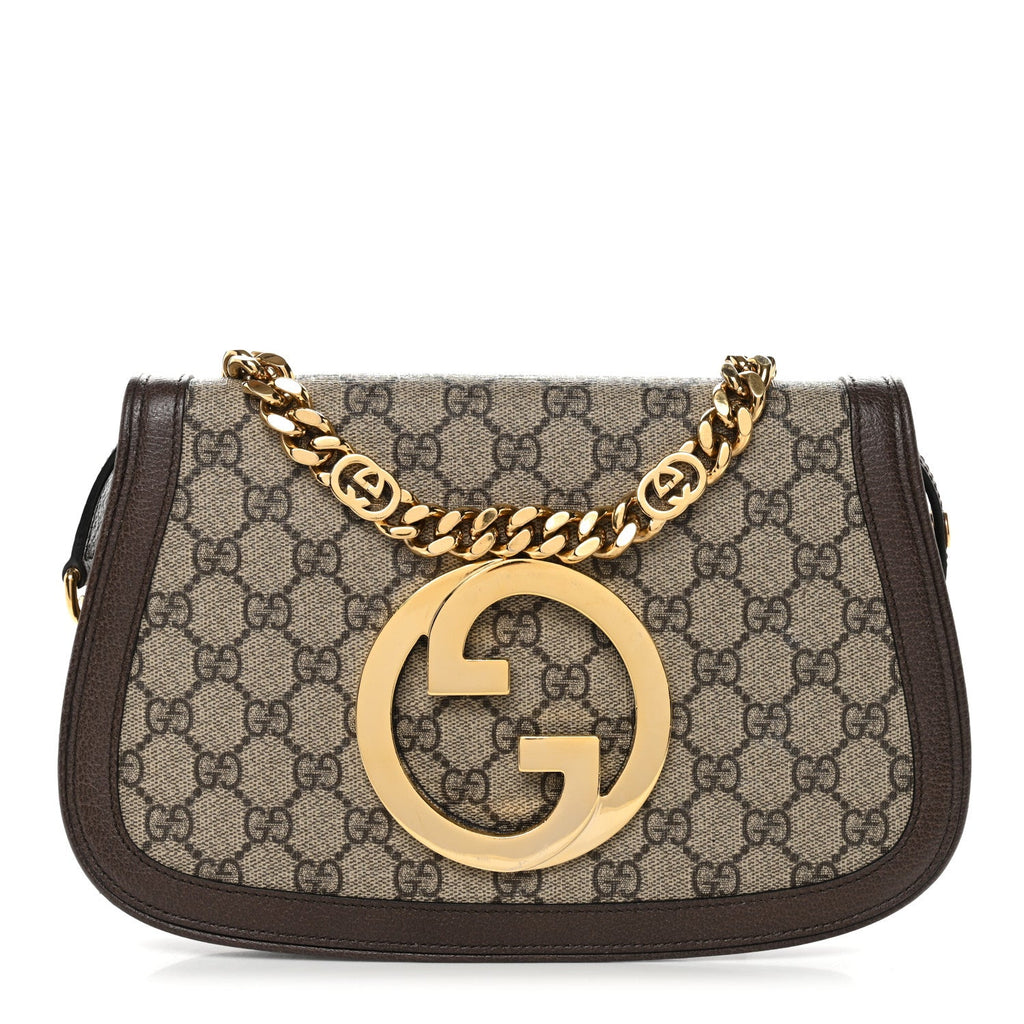 Gucci GG Supreme Monogram Textured Dollar Calfskin Blondie Chain Shoulder Flap Bag Beige Ebony New Acero