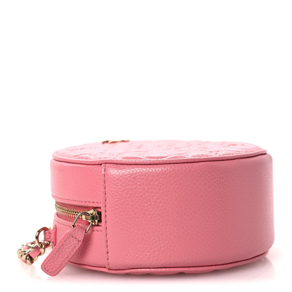 Chanel Caviar Camellia Embossed Round Clutch With Chain Pink
