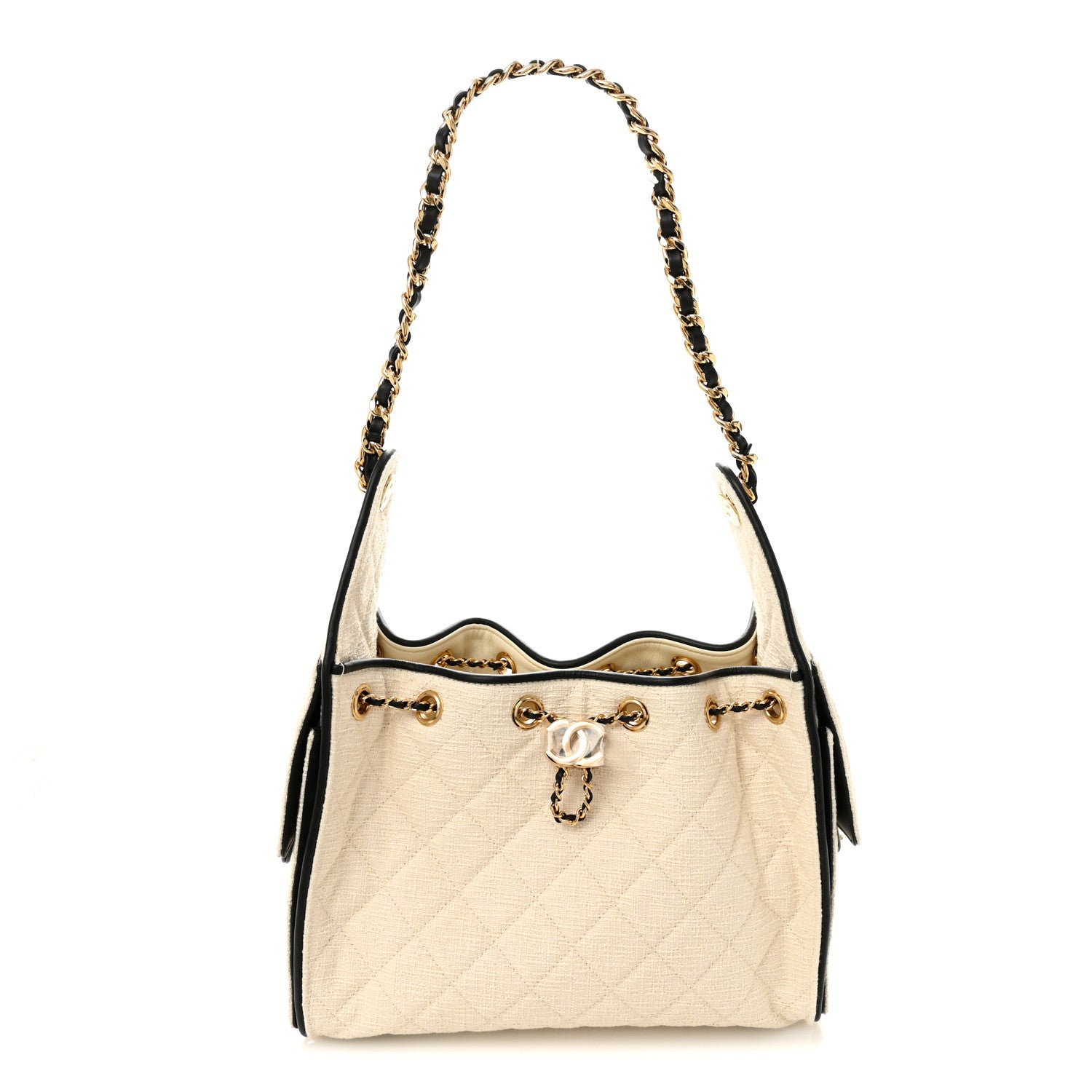 Chanel Braided Raffia Calfskin Quilted Small Chanel 25 Handbag White Black