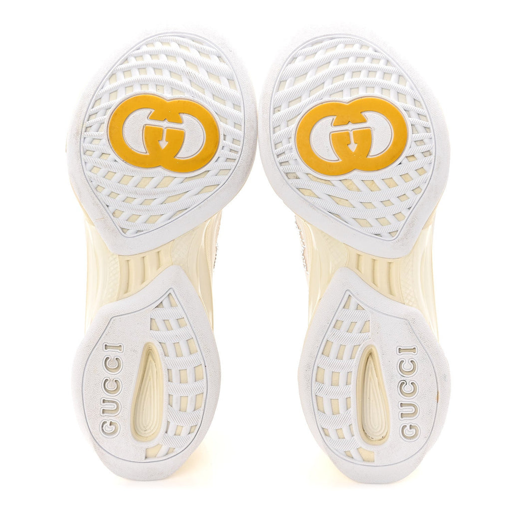 Gucci Tela Retino Mesh Crystal Suede GG Monogram Womens Gucci Run Sneakers 37.5 Off White Silver
