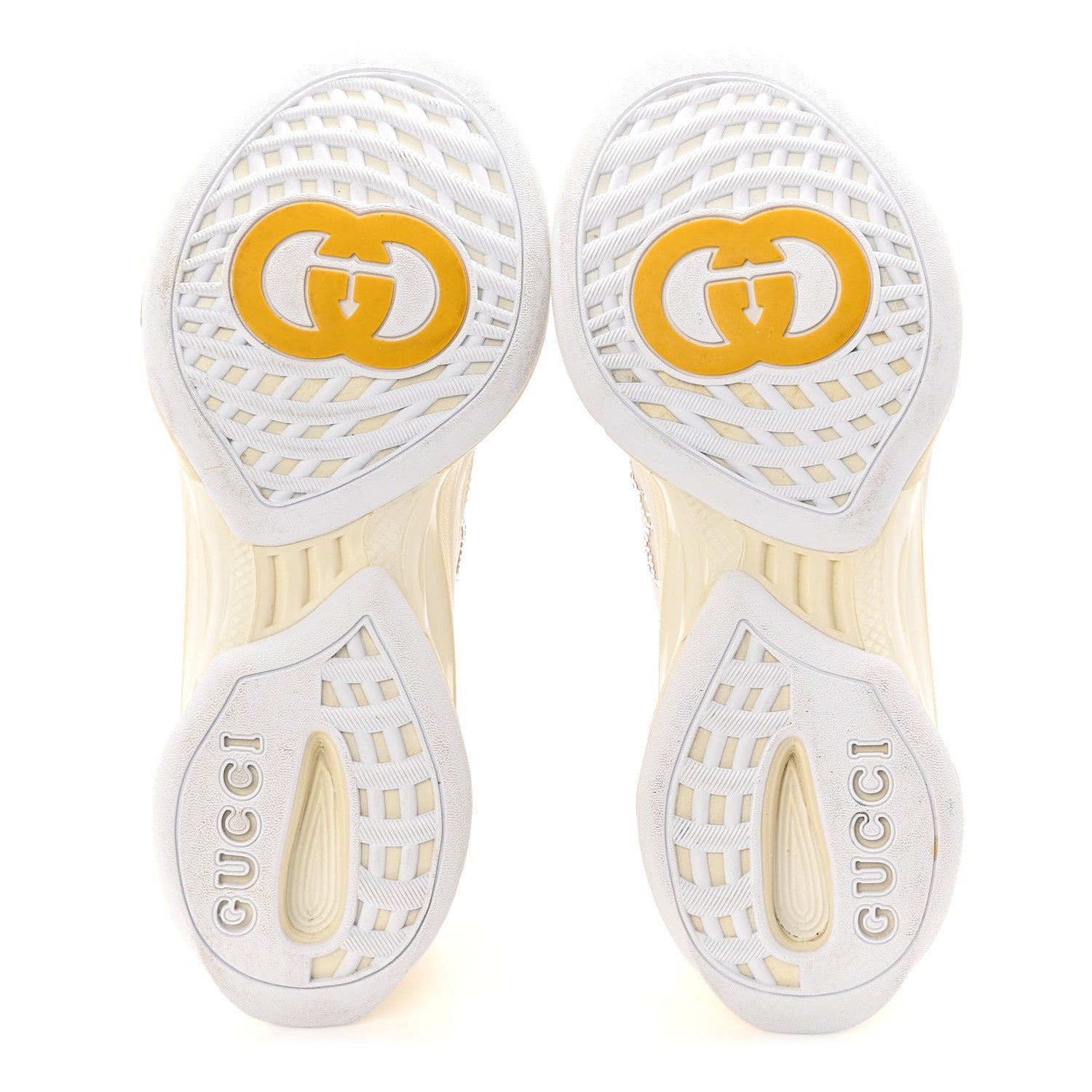 Gucci Tela Retino Mesh Crystal Suede GG Monogram Womens Gucci Run Sneakers 37.5 Off White Silver