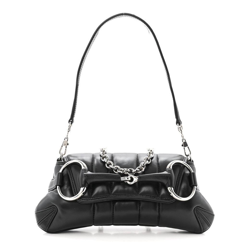 Gucci Nappa Vertical Matelasse Small Maxi Horsebit Chain Shoulder Bag Black