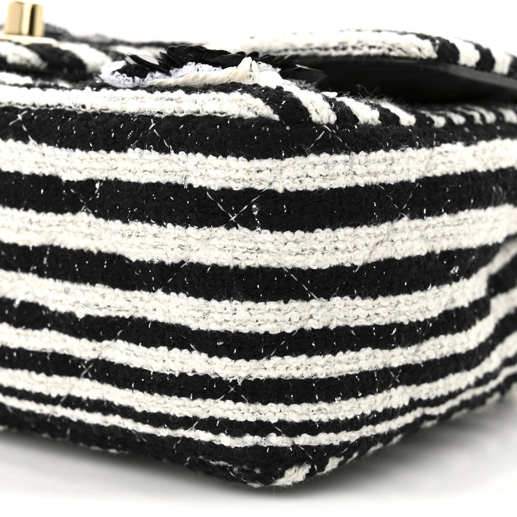 Chanel Striped Tweed Sequin Quilted Camellia Embellished Mini Rectangular Flap Ecru Black