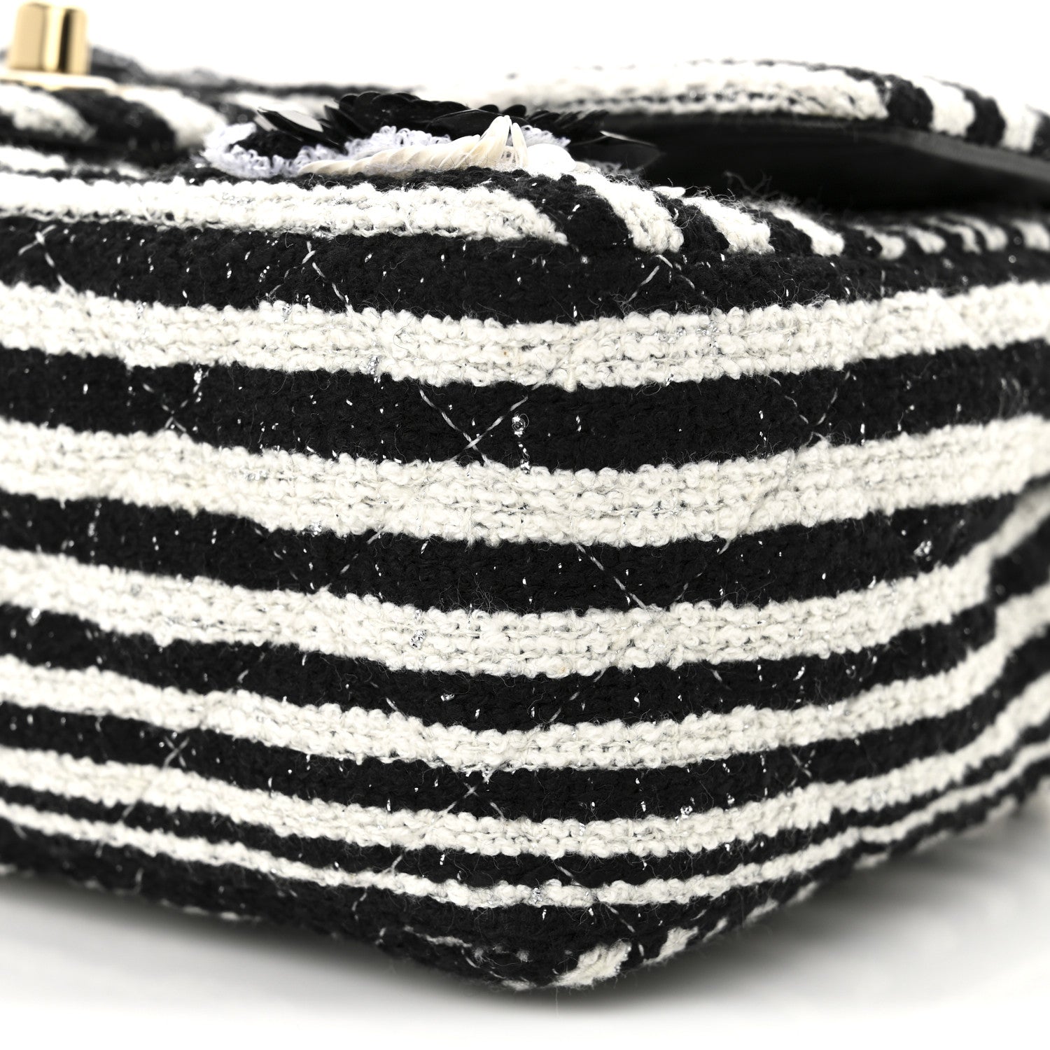 Chanel Striped Tweed Sequin Quilted Camellia Embellished Mini Rectangular Flap Ecru Black