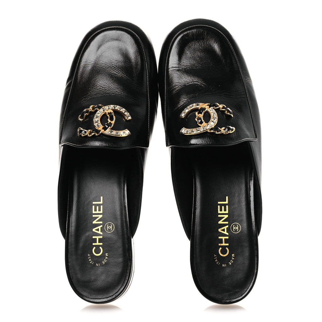Chanel Shiny Calfskin Crystal CC Mules 41 Black