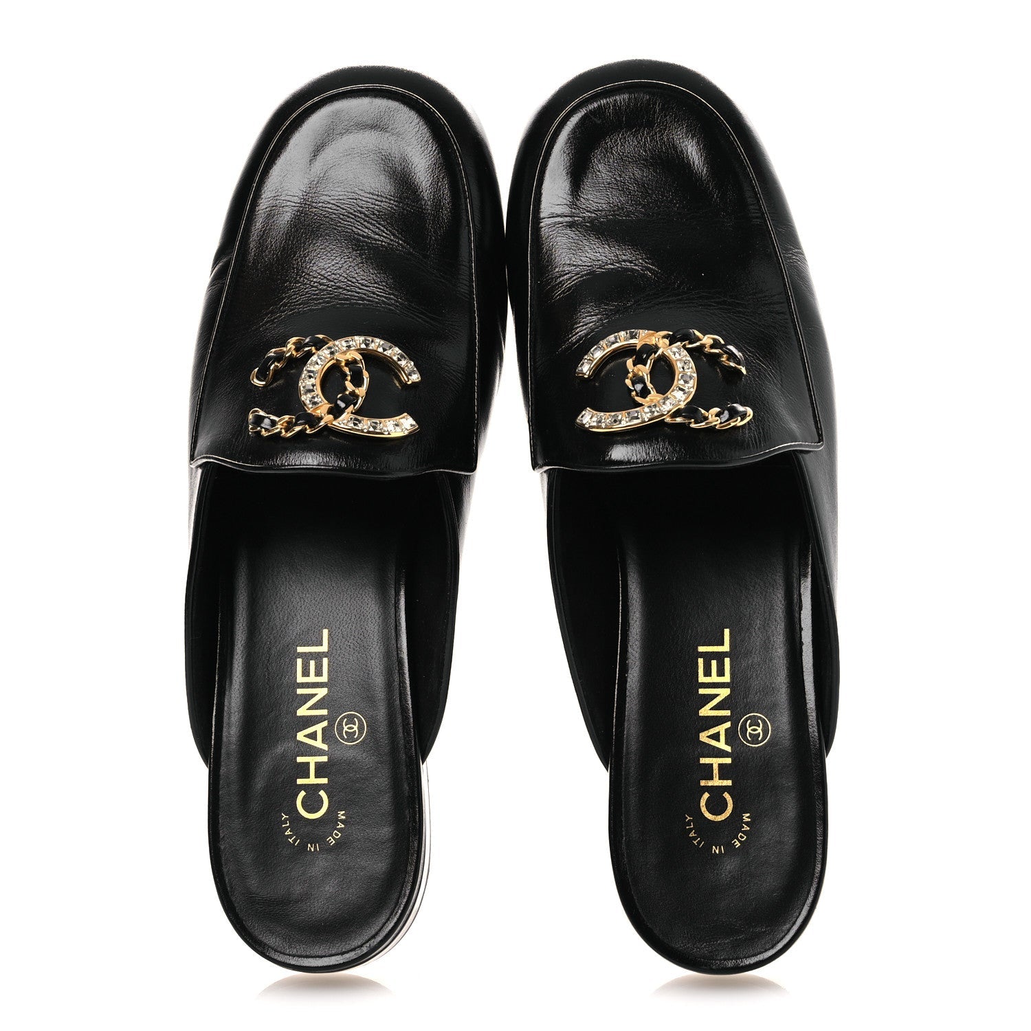 Chanel Shiny Calfskin Crystal CC Mules 41 Black