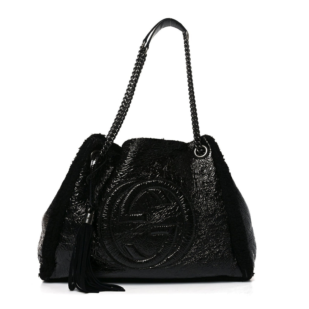 Gucci Patent Shearling Medium Soho Chain Shoulder Bag Black