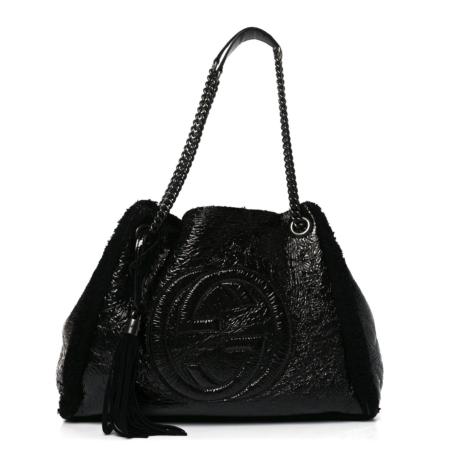 Gucci Patent Shearling Medium Soho Chain Shoulder Bag Black