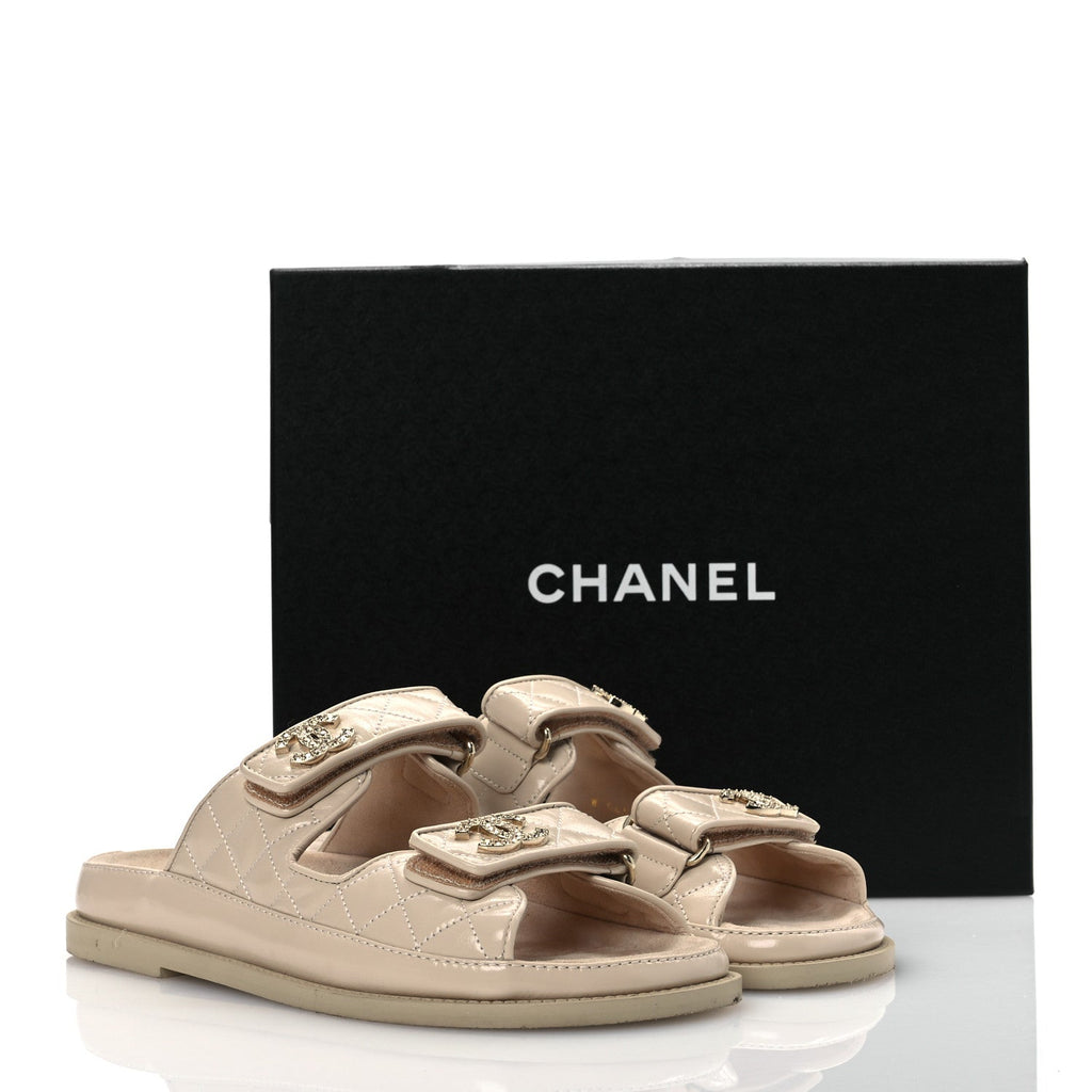 Chanel Shiny Calfskin Crystal Quilted Velcro Dad CC Slide Sandals 38 Light Beige