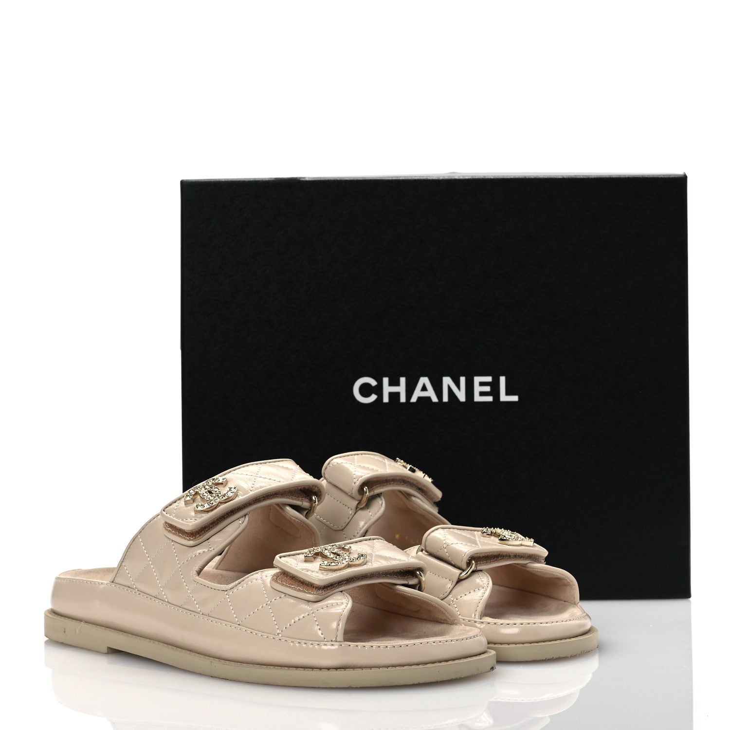 Chanel Shiny Calfskin Crystal Quilted Velcro Dad CC Slide Sandals 38 Light Beige
