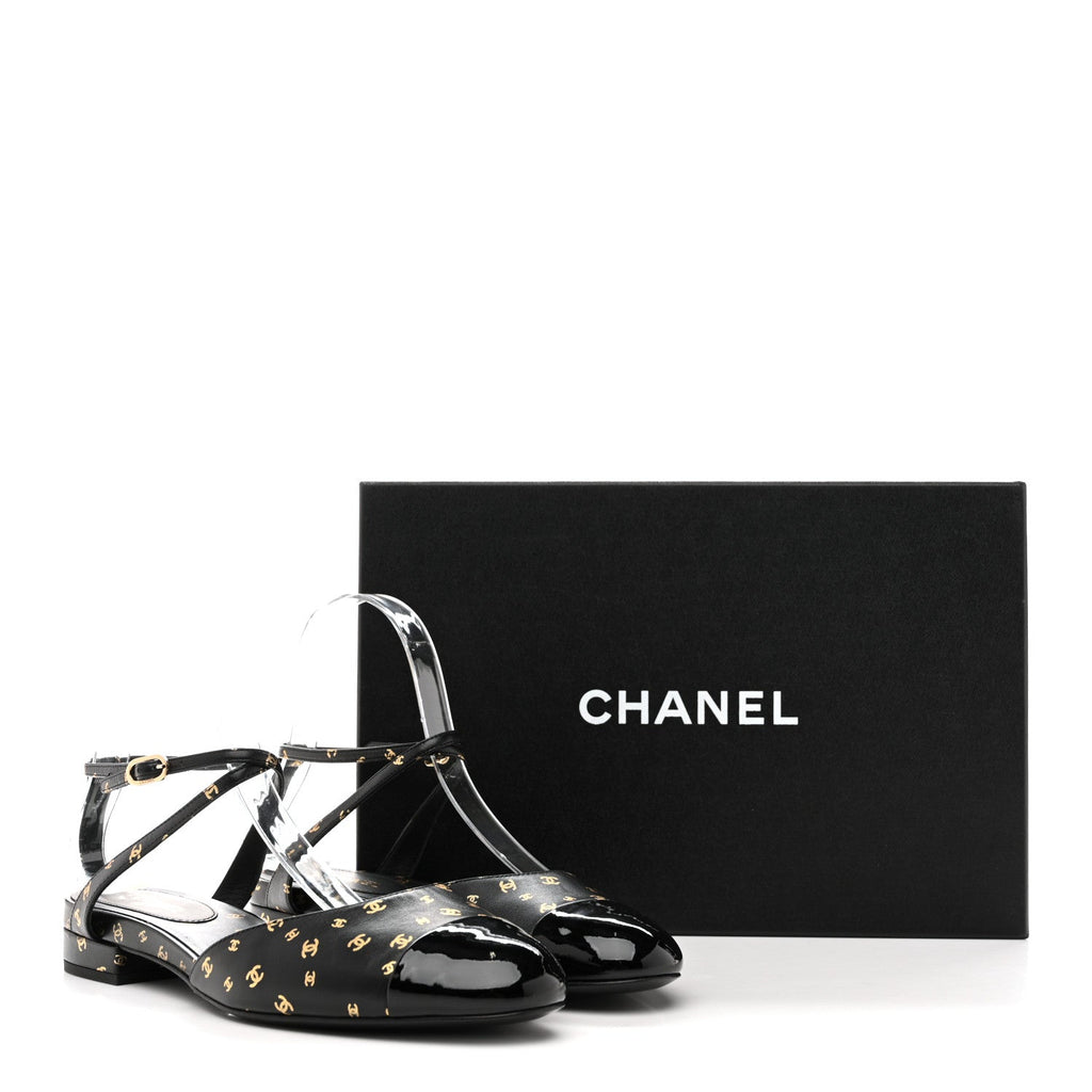 Printed Lambskin Patent Calfskin CC Slingback Flats 38.5 Black Gold
