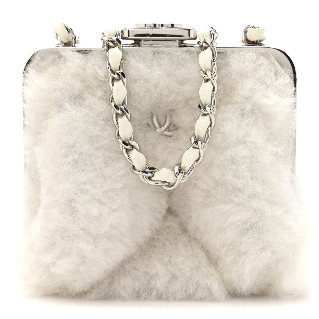 Chanel Shearling Sheepskin Lambskin Quilted Clutch With Chain White