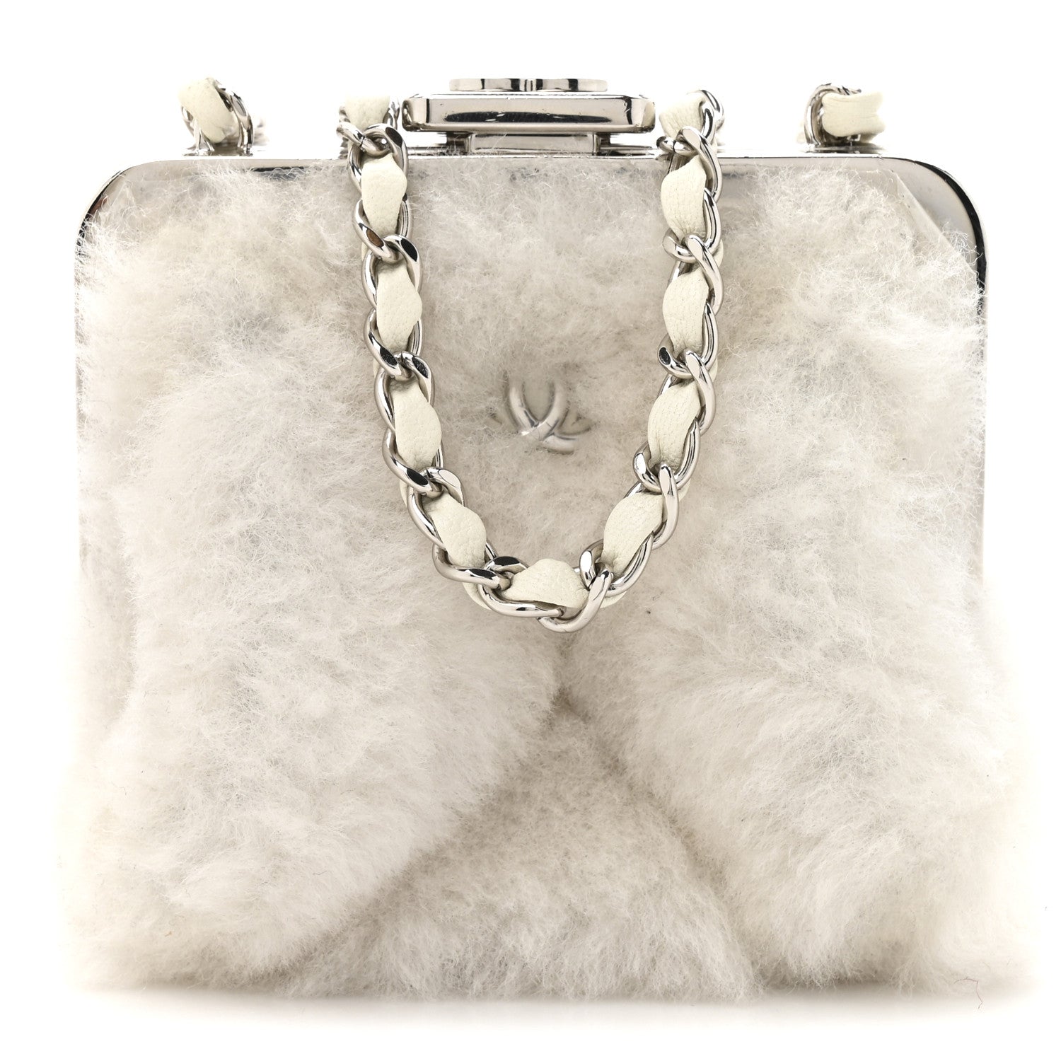 Chanel Shearling Sheepskin Lambskin Quilted Clutch With Chain White