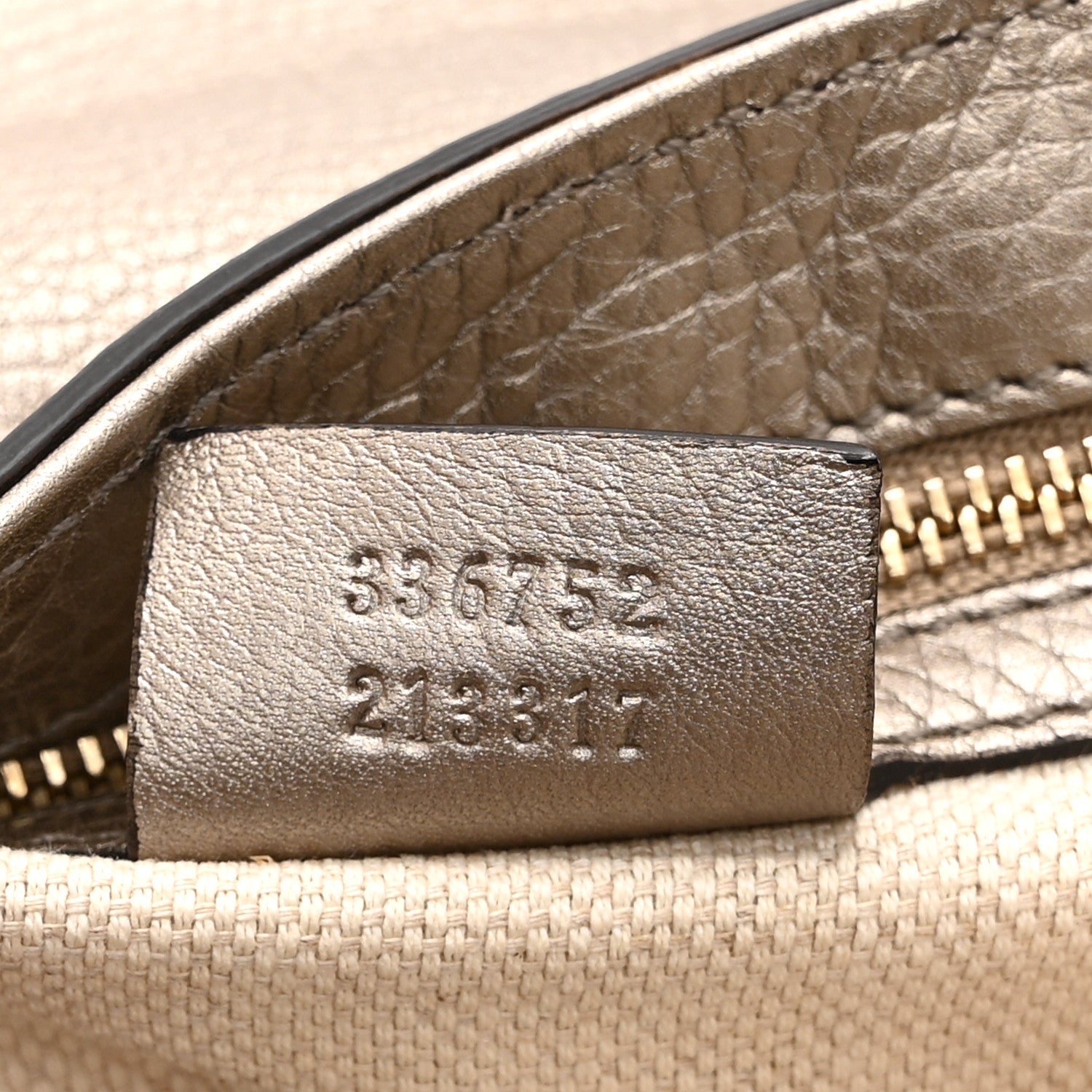 Gucci Metallic Pebbled Calfskin Medium Soho Flap Crossbody Golden Beige