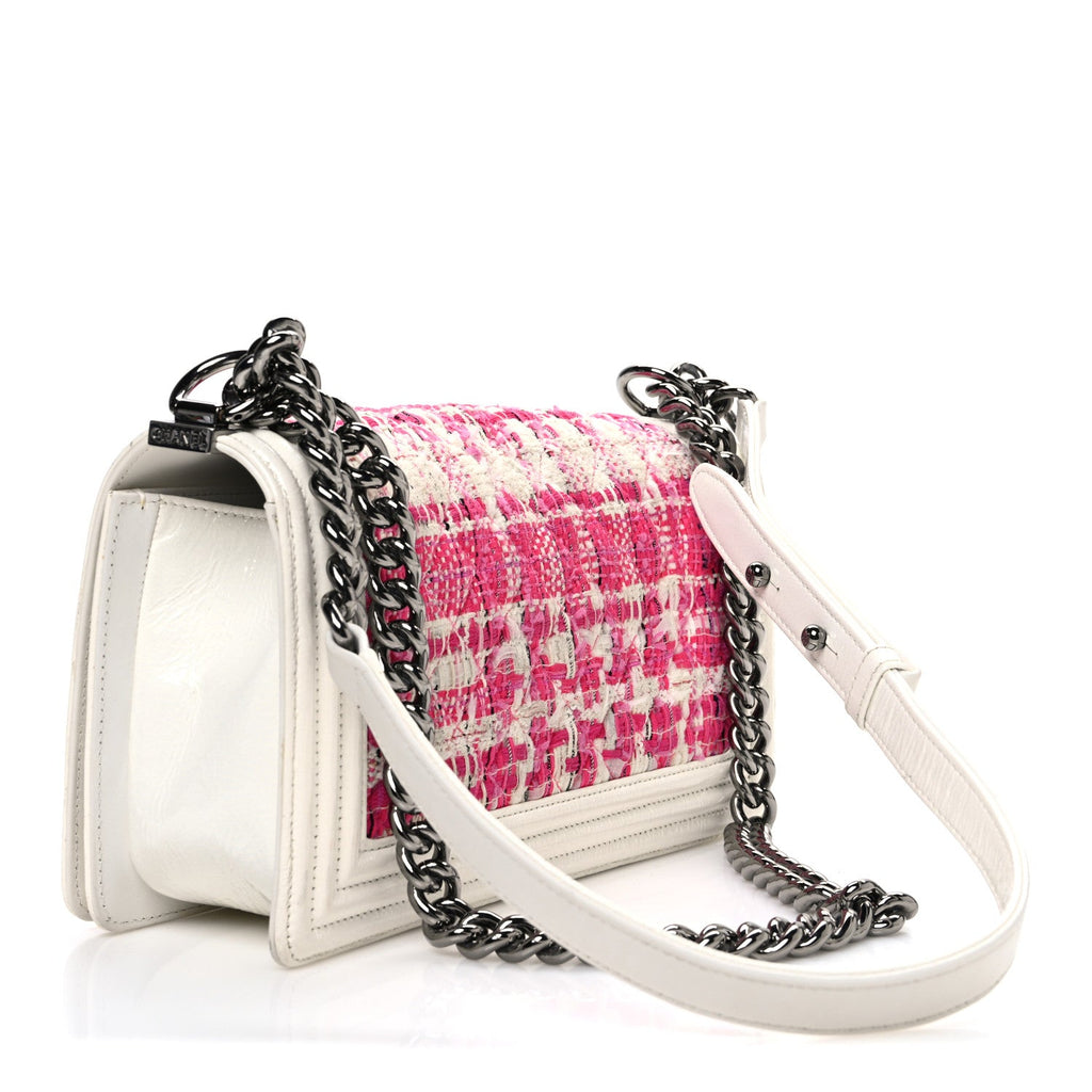 Chanel Patent Tweed Medium Boy Flap White