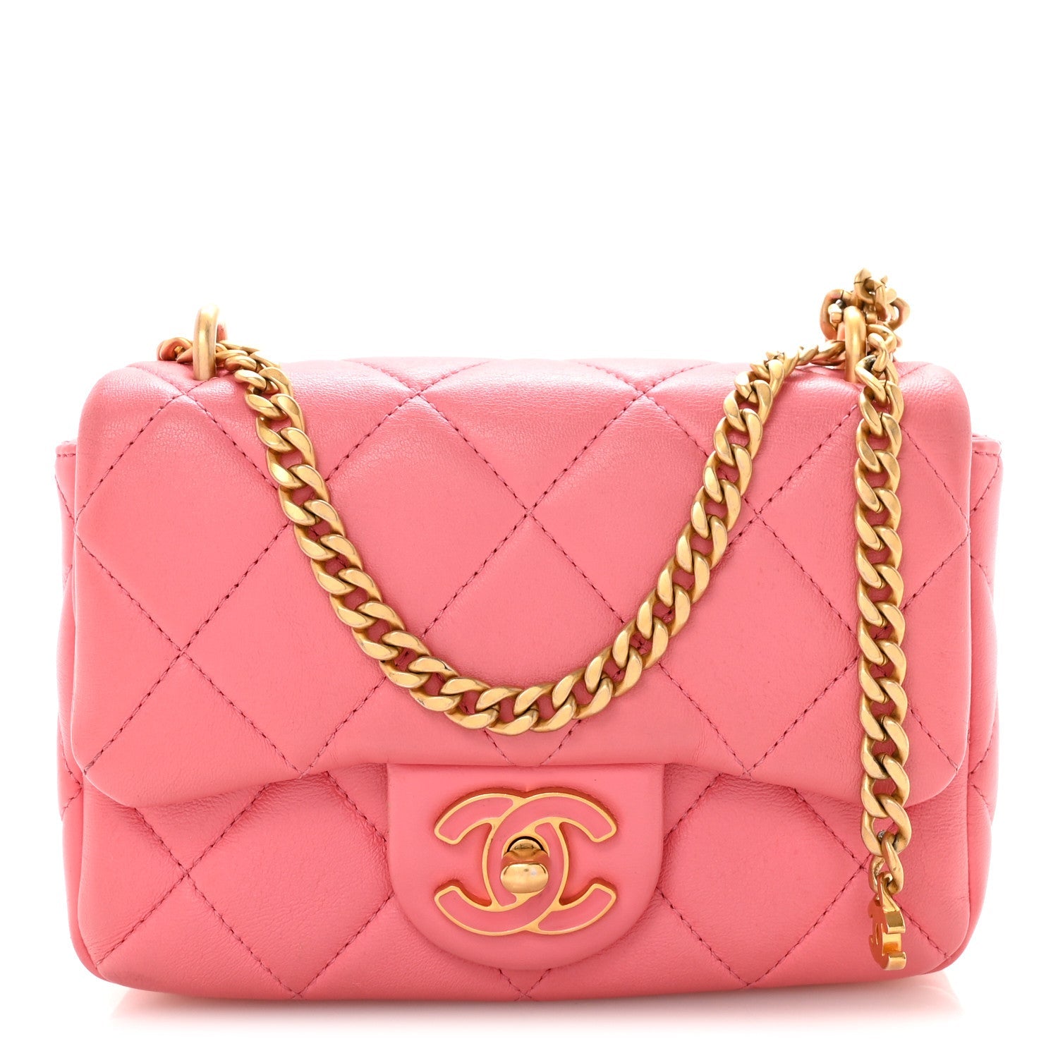 Chanel Lambskin Enamel Quilted Pending CC Mini Square Flap Pink