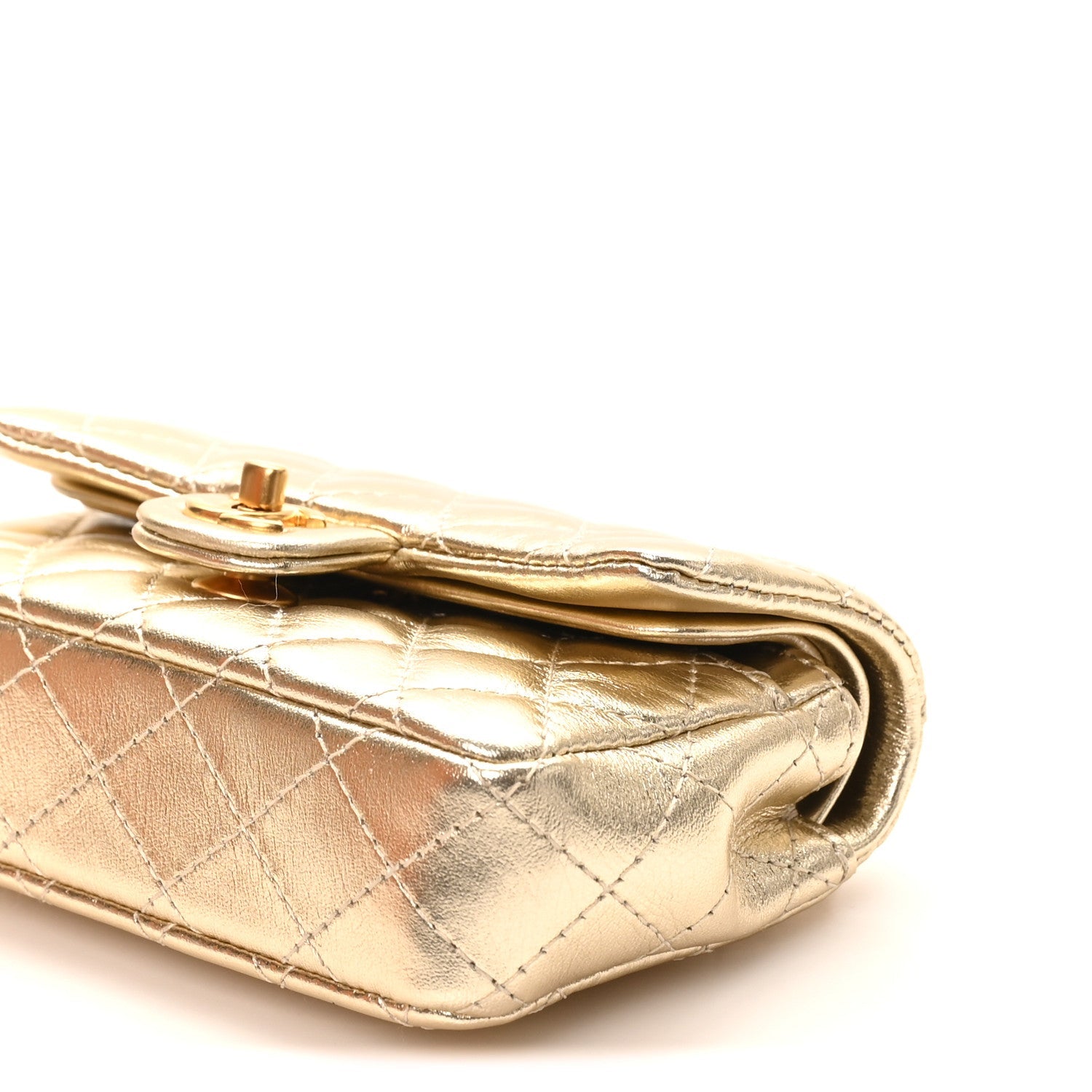 Metallic Calfskin Quilted Mini Flap Bag Charm With Hook Golden