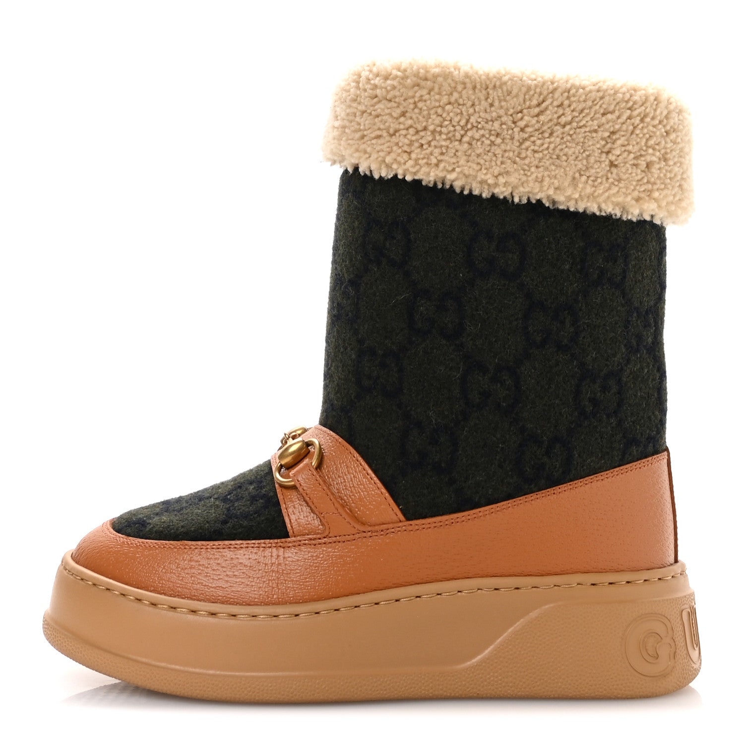 Gucci Covered Wool Monogram Textured Dollar Calfskin Shearling Horsebit Snow Boots 37 Underwood Blue Hazel Brown