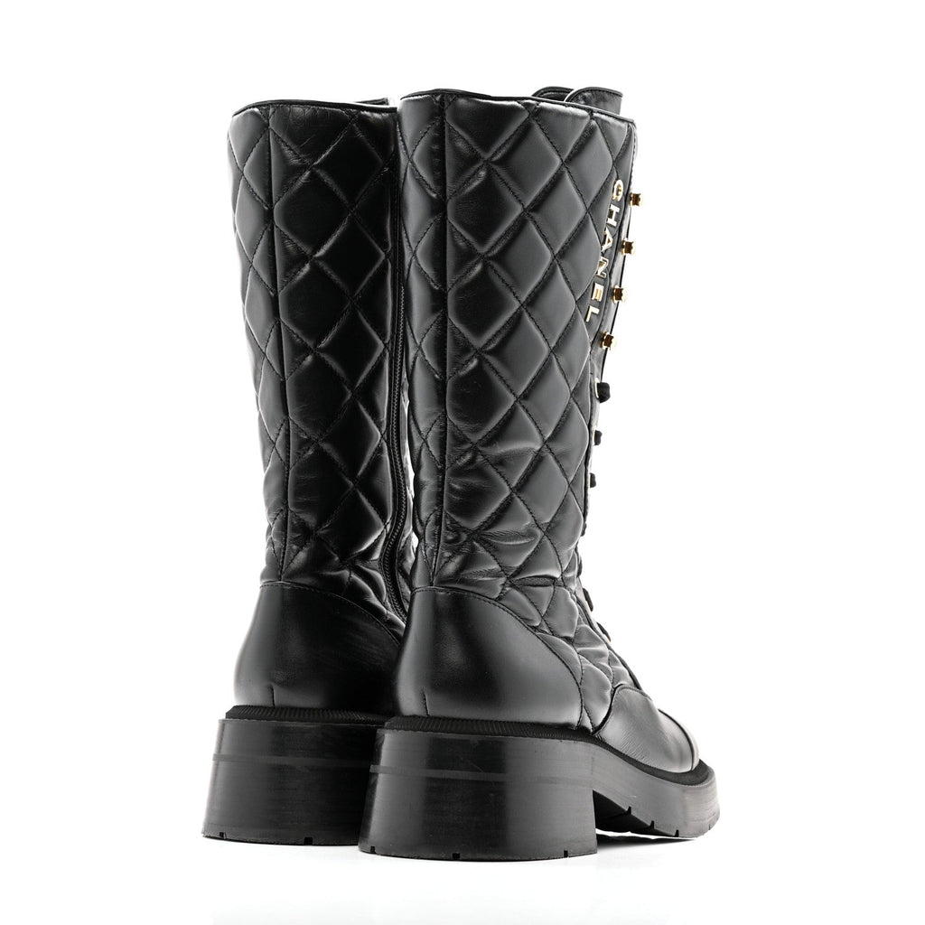 Calfskin Quilted Logo Lace Up Tall Combat Boots 37.5 Black