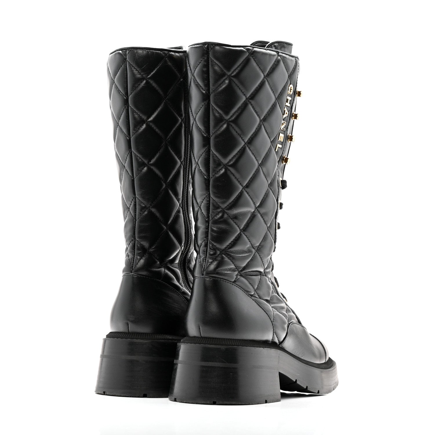 Calfskin Quilted Logo Lace Up Tall Combat Boots 37.5 Black