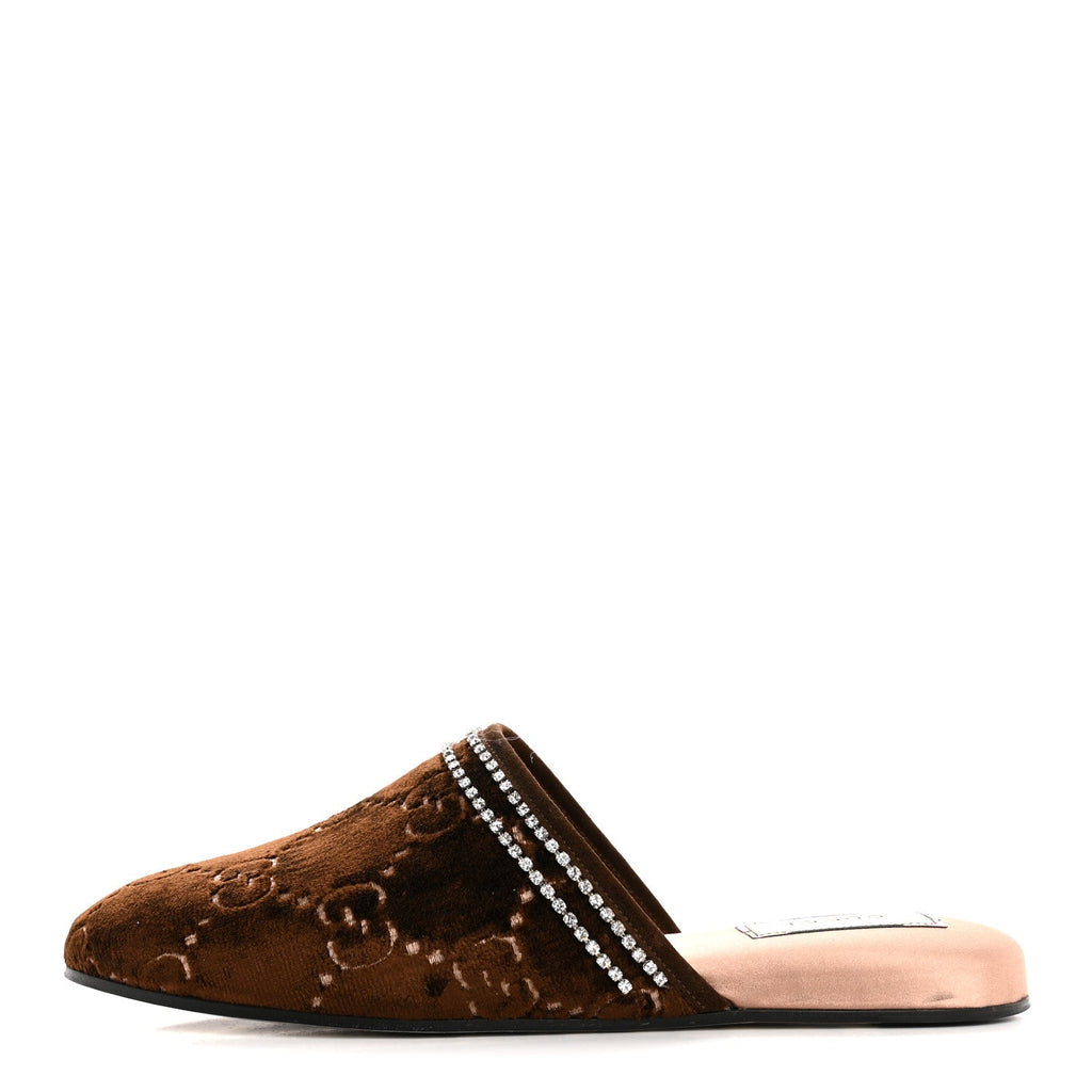 Gucci Velvet GG Monogram Crystal Slippers 39 Brown Vintage Cocoa