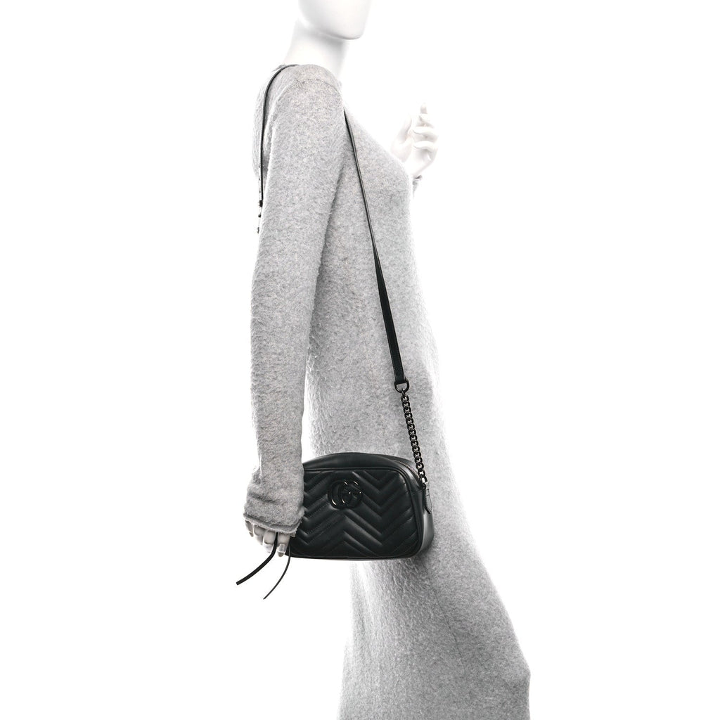 Gucci Calfskin Matelasse Monochrome Small GG Marmont Chain Shoulder Bag Black