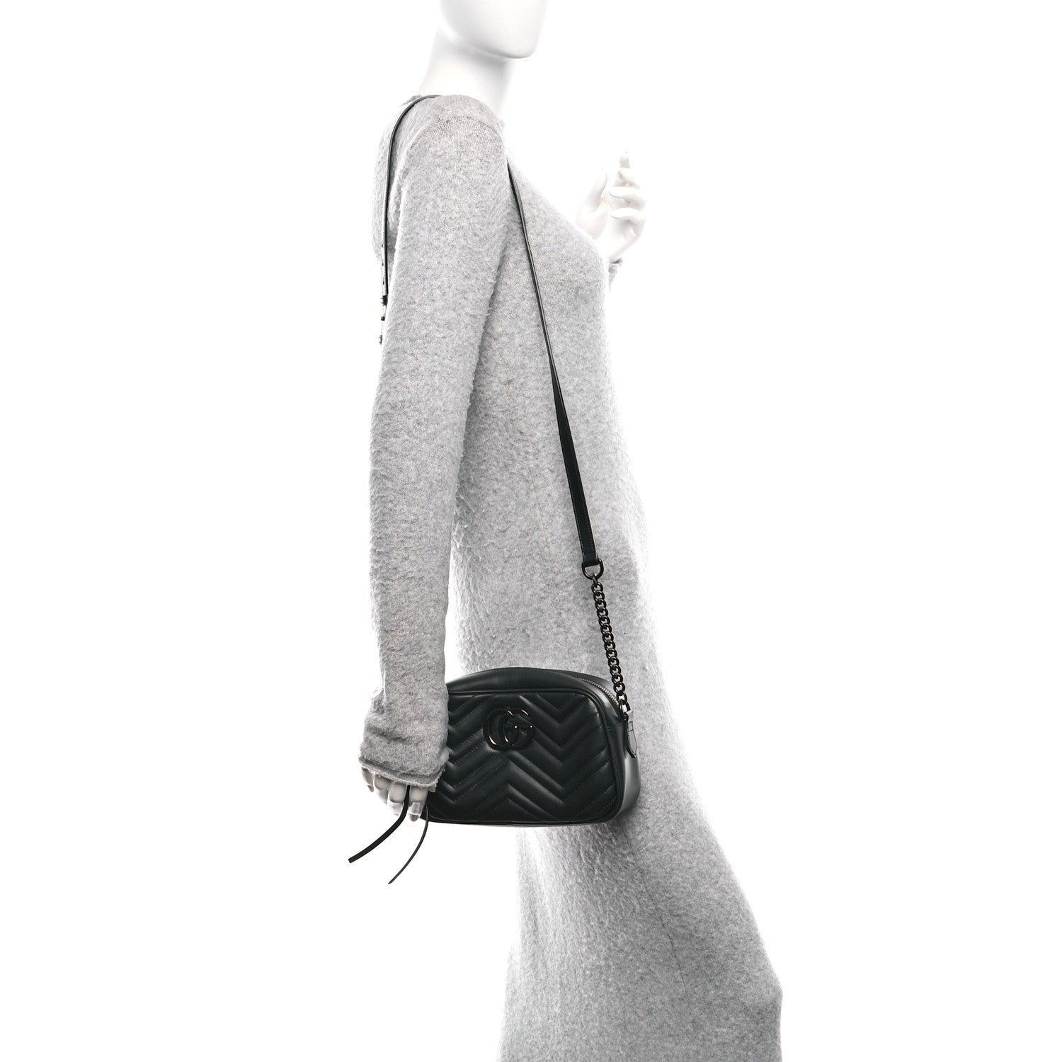 Gucci Calfskin Matelasse Monochrome Small GG Marmont Chain Shoulder Bag Black