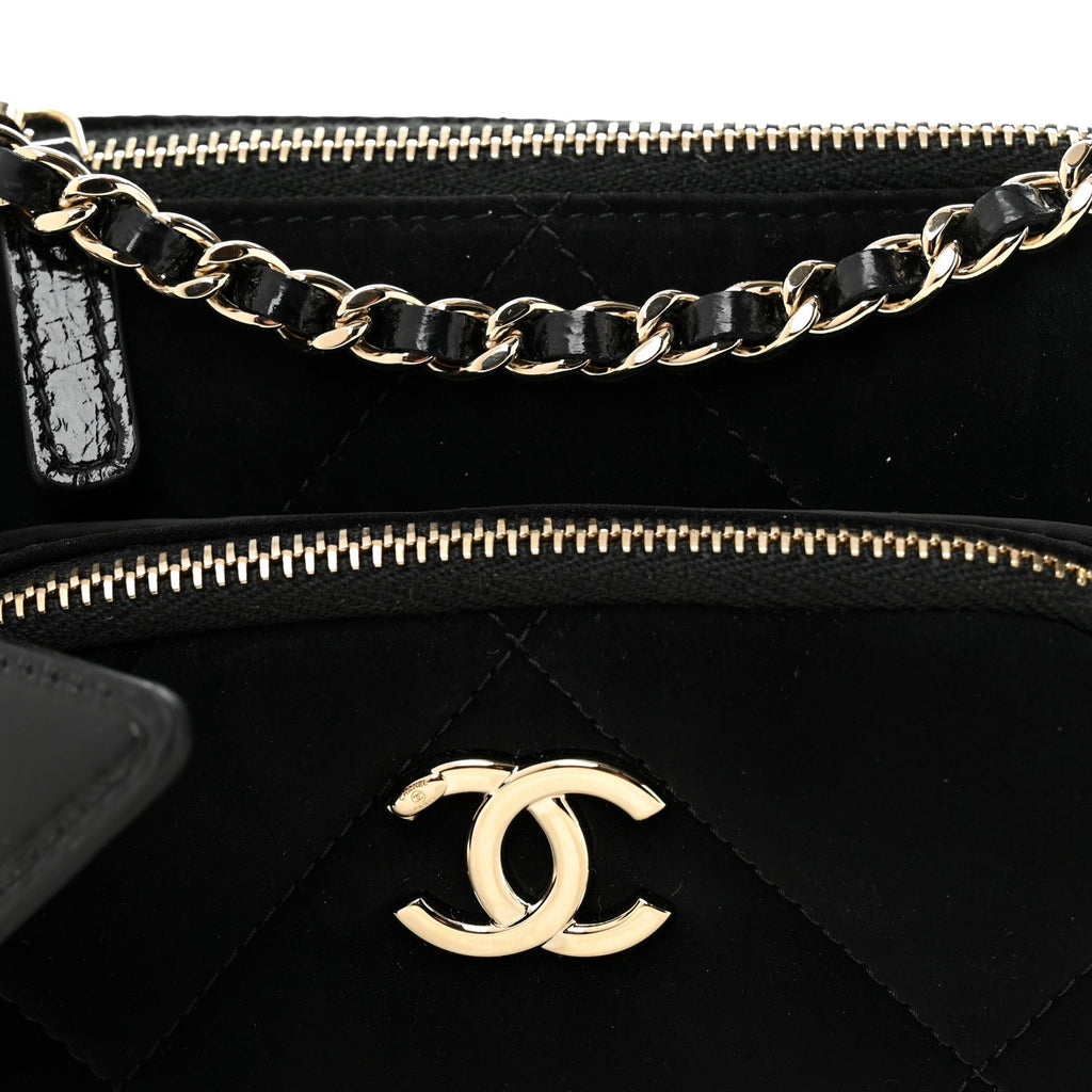 Chanel Velvet Effect Nylon Shiny Crumpled Calfskin Mini Quilted Chanel 25 Clutch With Chain Black