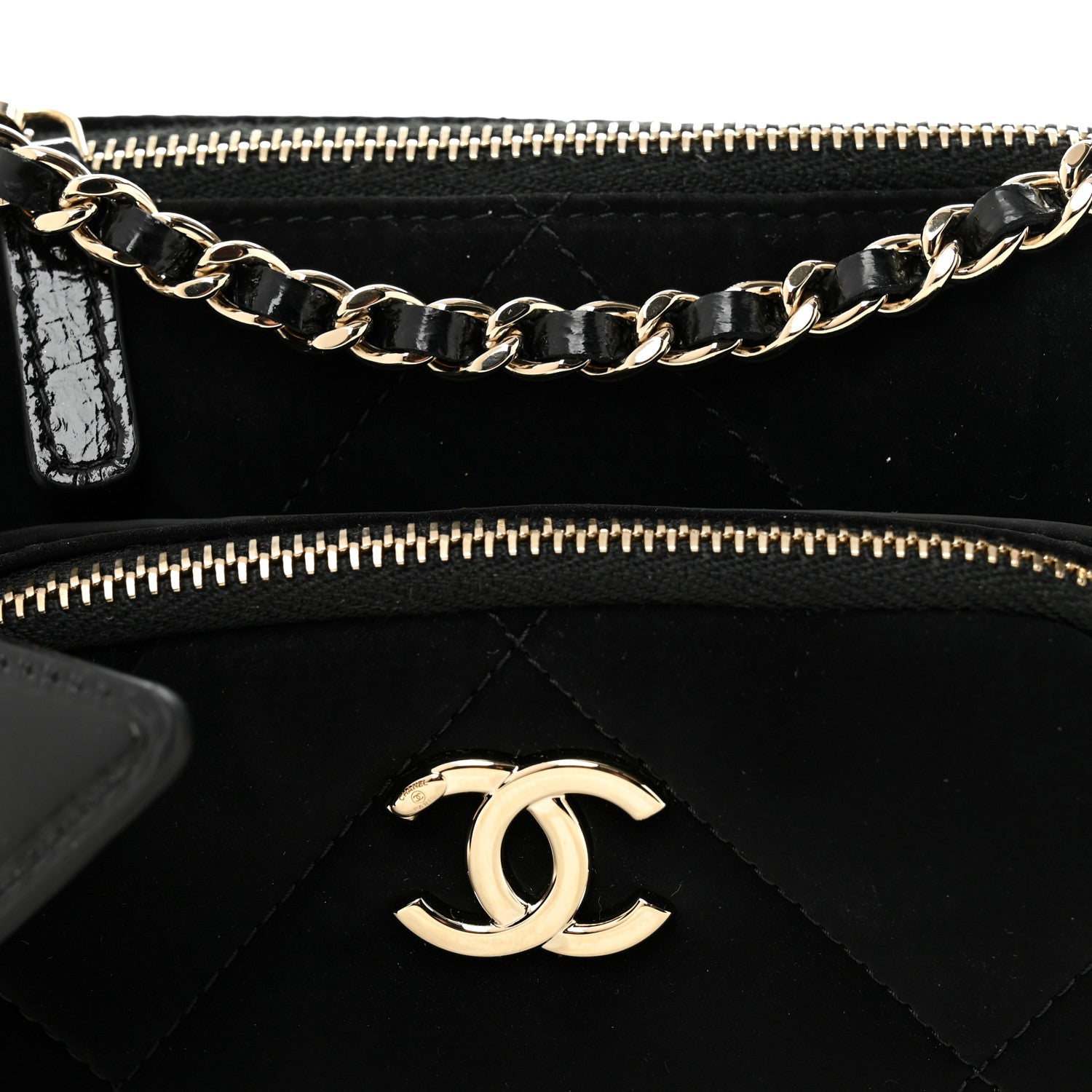 Chanel Velvet Effect Nylon Shiny Crumpled Calfskin Mini Quilted Chanel 25 Clutch With Chain Black