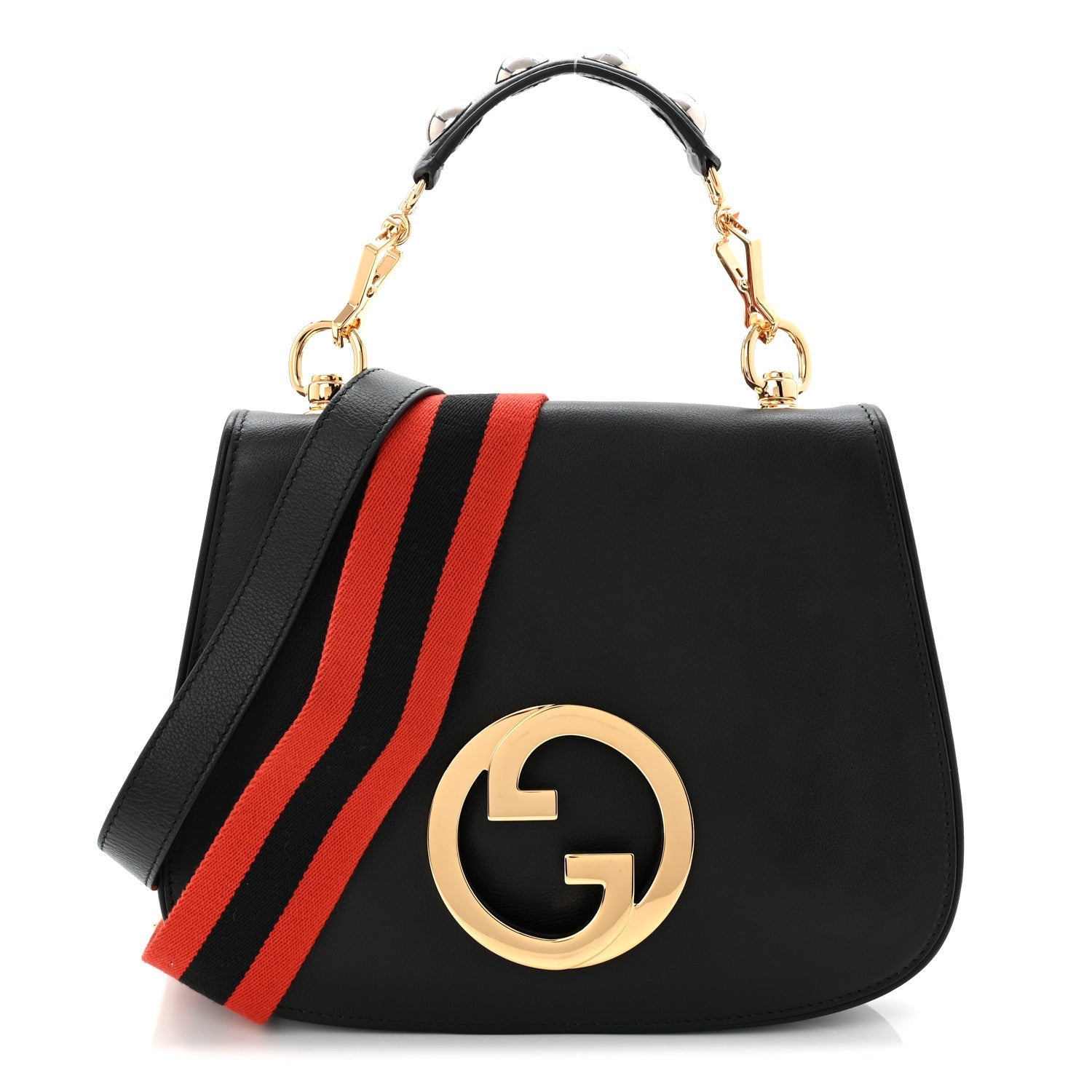 Gucci Roxy Calfskin Web Medium Blondie Top Handle Shoulder Flap Bag Black