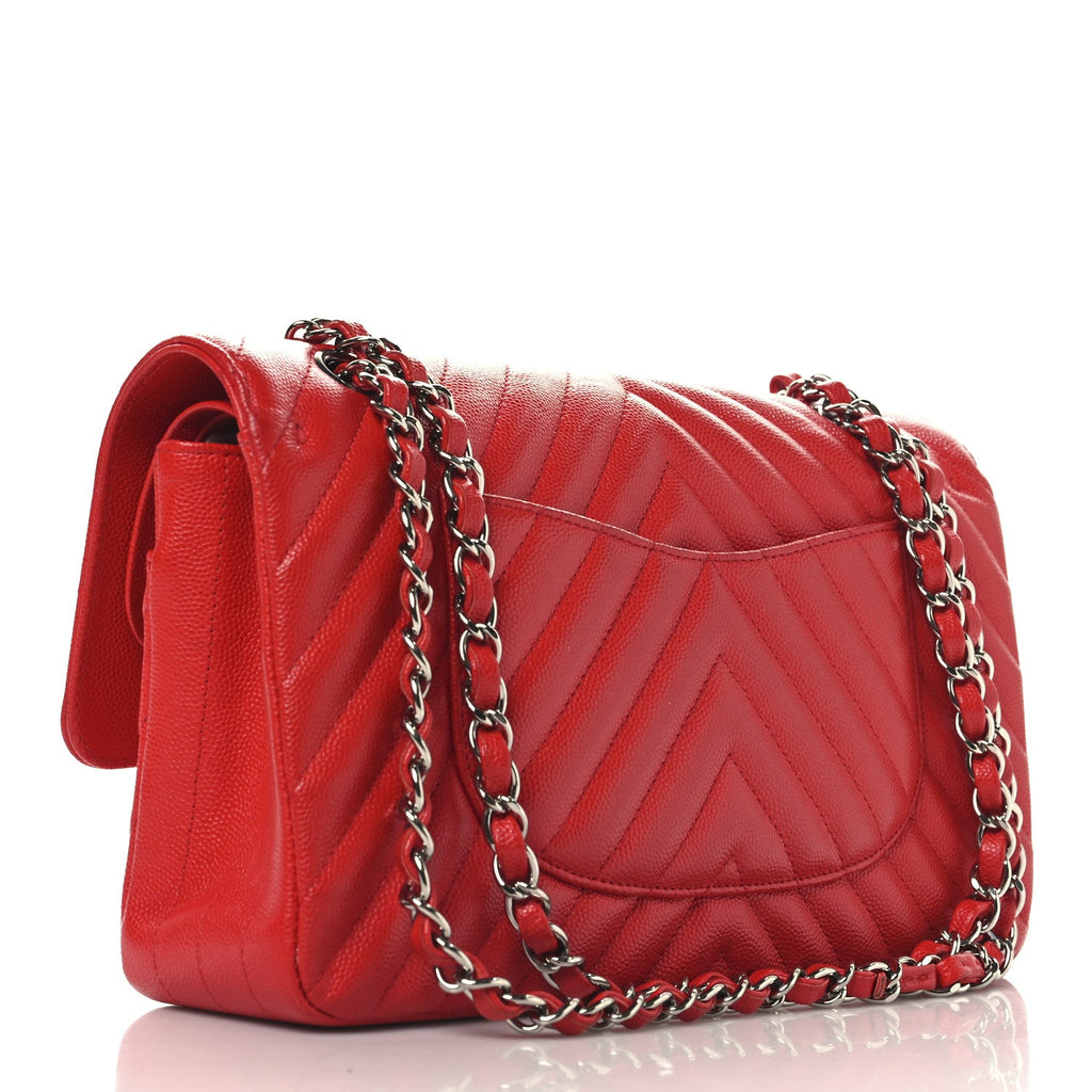 Chanel Caviar Chevron Quilted Medium Double Flap Red