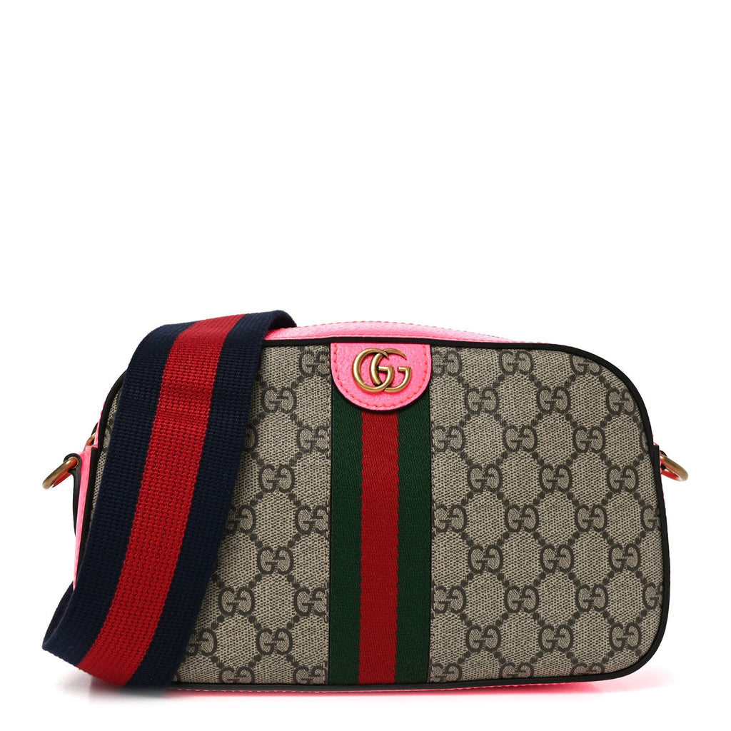Gucci GG Supreme Monogram Textured Dollar Calfskin Web Ophidia Small Crossbody Bag Beige Ebony Fuchsia