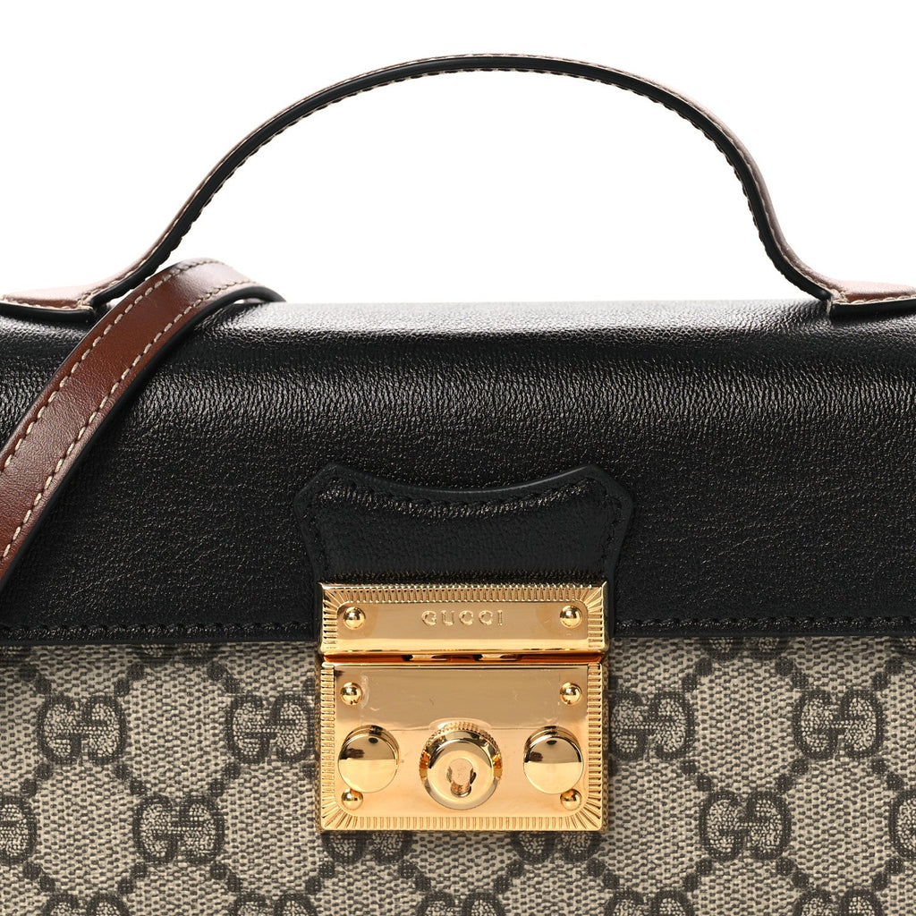 Gucci GG Supreme Monogram Calfskin Mini Padlock Top Handle Shoulder Bag Beige Black Cuir